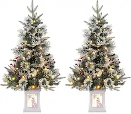 GARVEE - 2 Pack 3FT Prelit Christmas Xmas Tree Flocked Snow 78 Warm White LED Lights 8 Lighting Modes with Snowman lightbox - Green