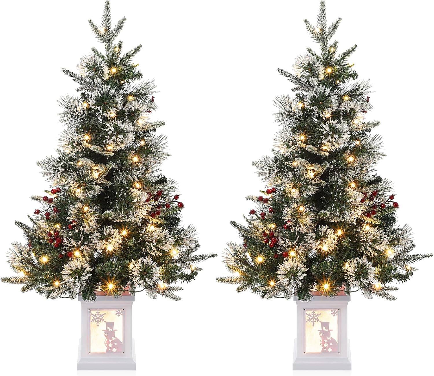 Front. GARVEE - 2 Pack 3FT Prelit Christmas Xmas Tree Flocked Snow 78 Warm White LED Lights 8 Lighting Modes with Snowman lightbox - green.