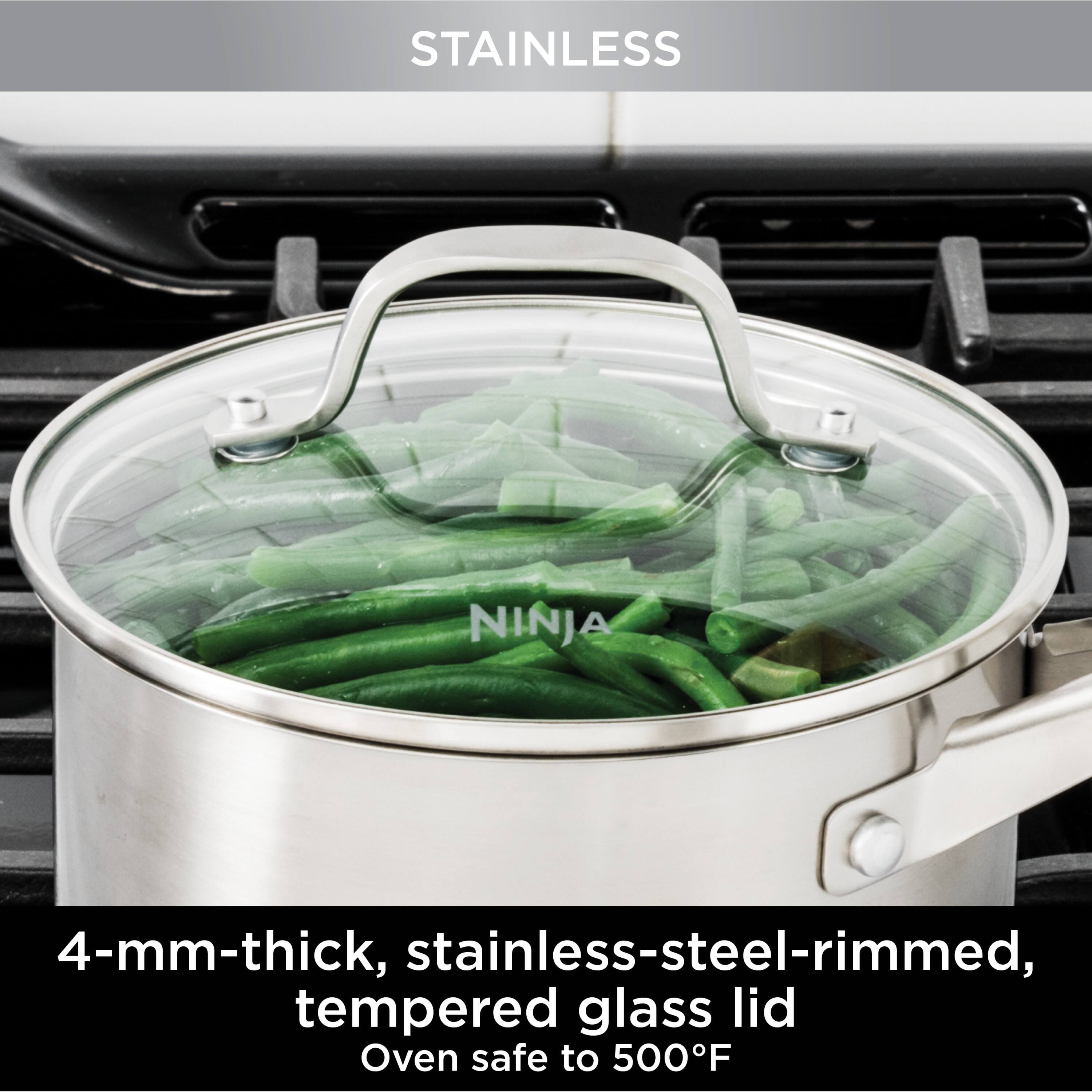 STAINLESS  
4-mm-thick, stainless-steel-rimmed, tempered glass lid  
Oven safe to 500°F