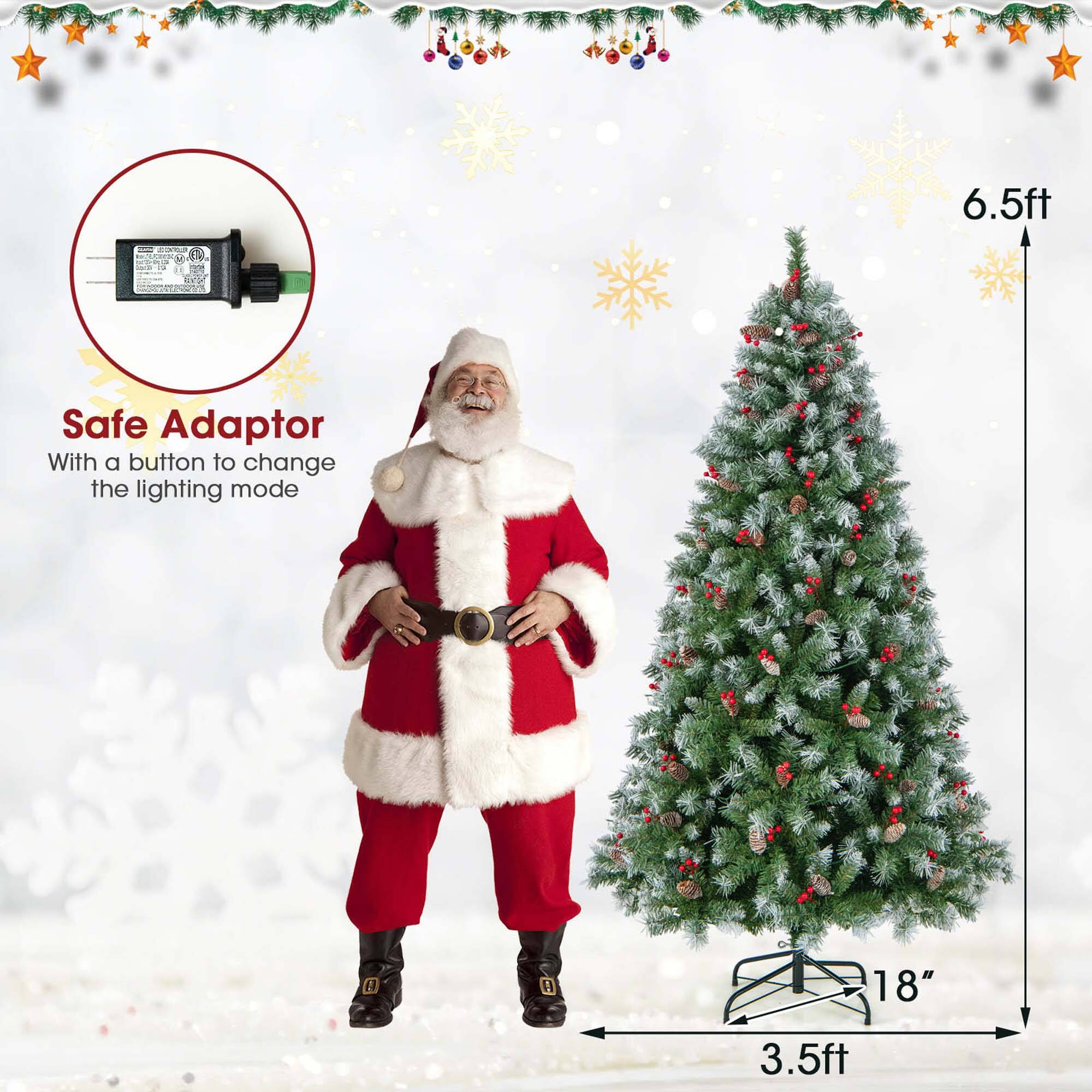 The image features a Santa Claus figure standing next to a Christmas tree. The tree is decorated with lights, and the Santa Claus figure is wearing a red suit. The tree is described as being 6.5 feet tall, and the Santa Claus figure is 3.5 feet tall. The image also includes a safe adaptor with a button to change the lighting mode.