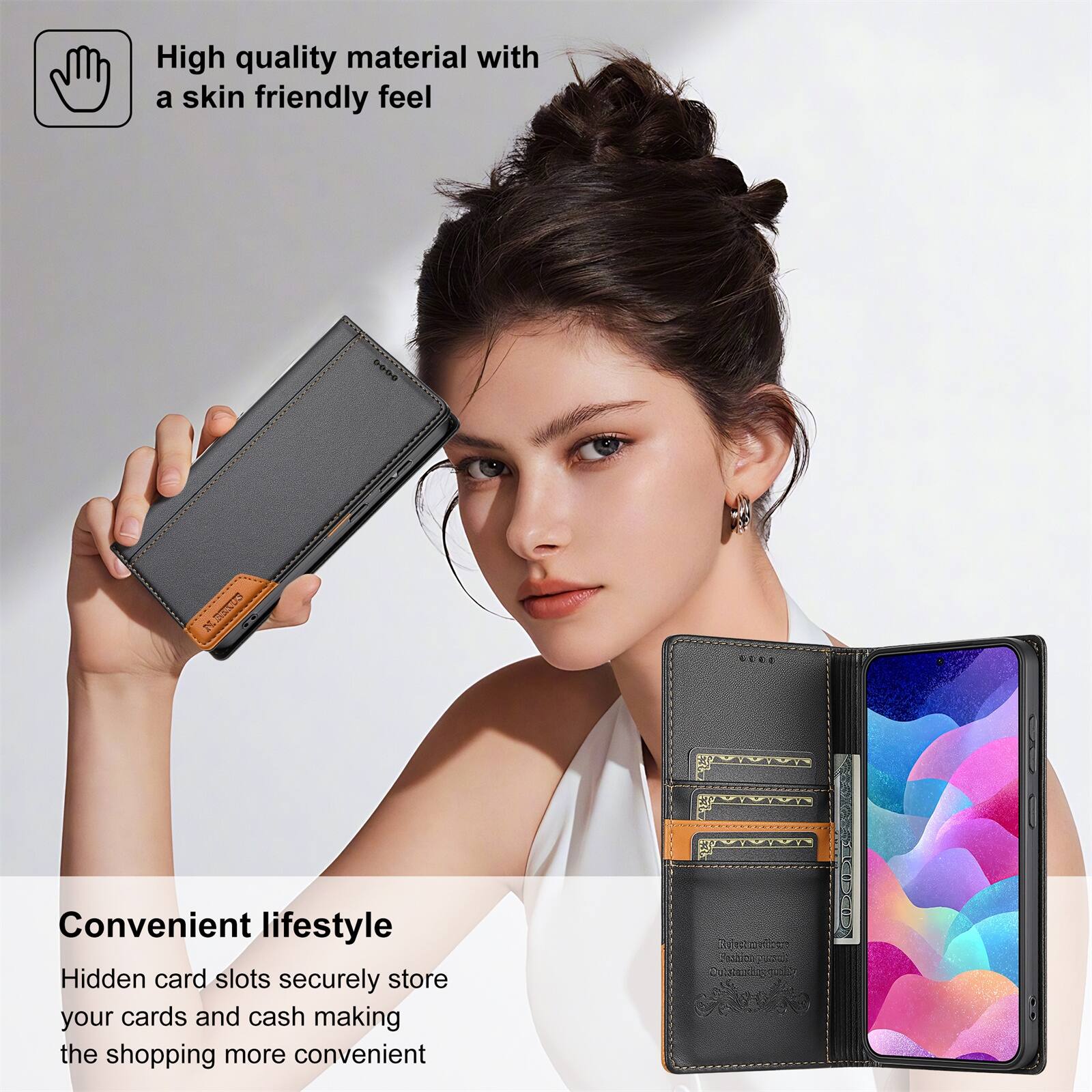 High quality material with a skin friendly feel  
Convenient lifestyle  
Hidden card slots securely store your cards and cash making the shopping more convenient