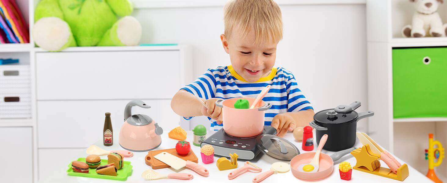 Alt View 5. CUTE STONE - CUTE STONE Play Kitchen Accessories Set, Kids Cooking Toys Set with Play Pots and Pans, Electronic Induction Cooktop wit.