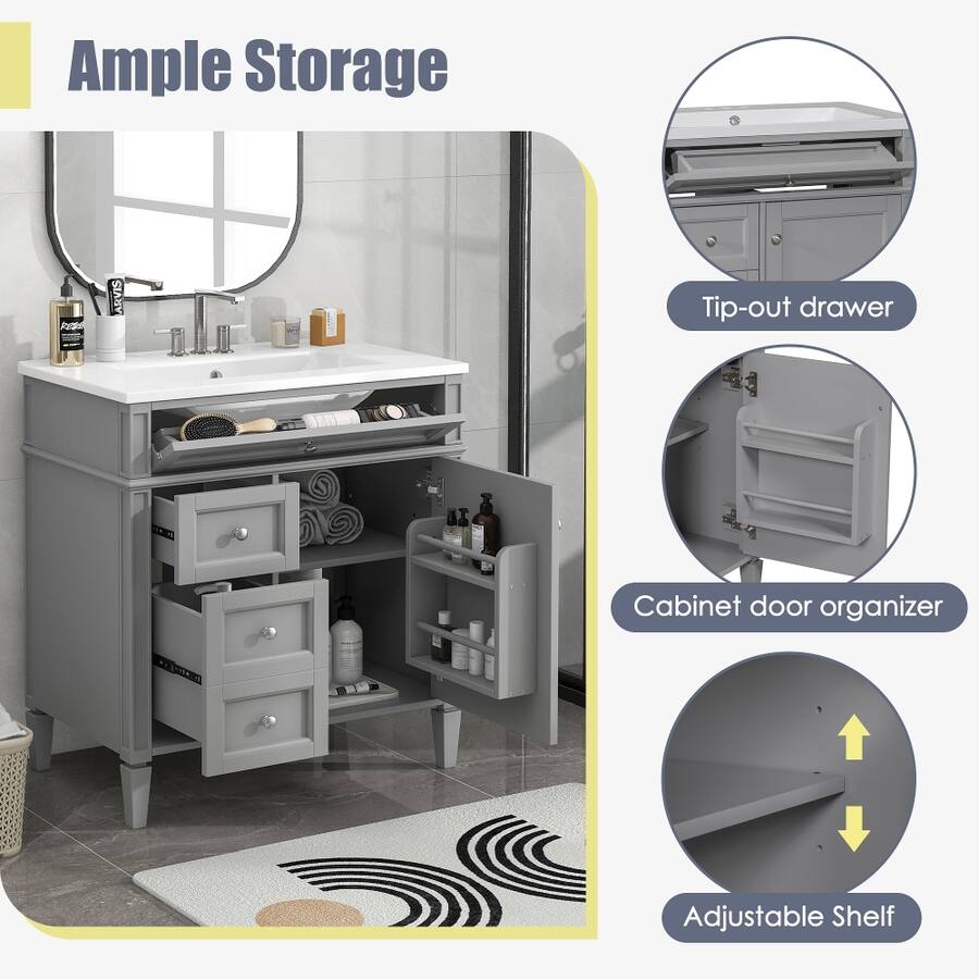 Infographic showing ample storage options for the bathroom vanity.