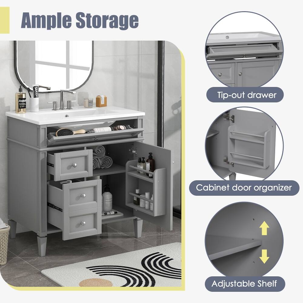 Infographic showing ample storage options for the bathroom vanity.