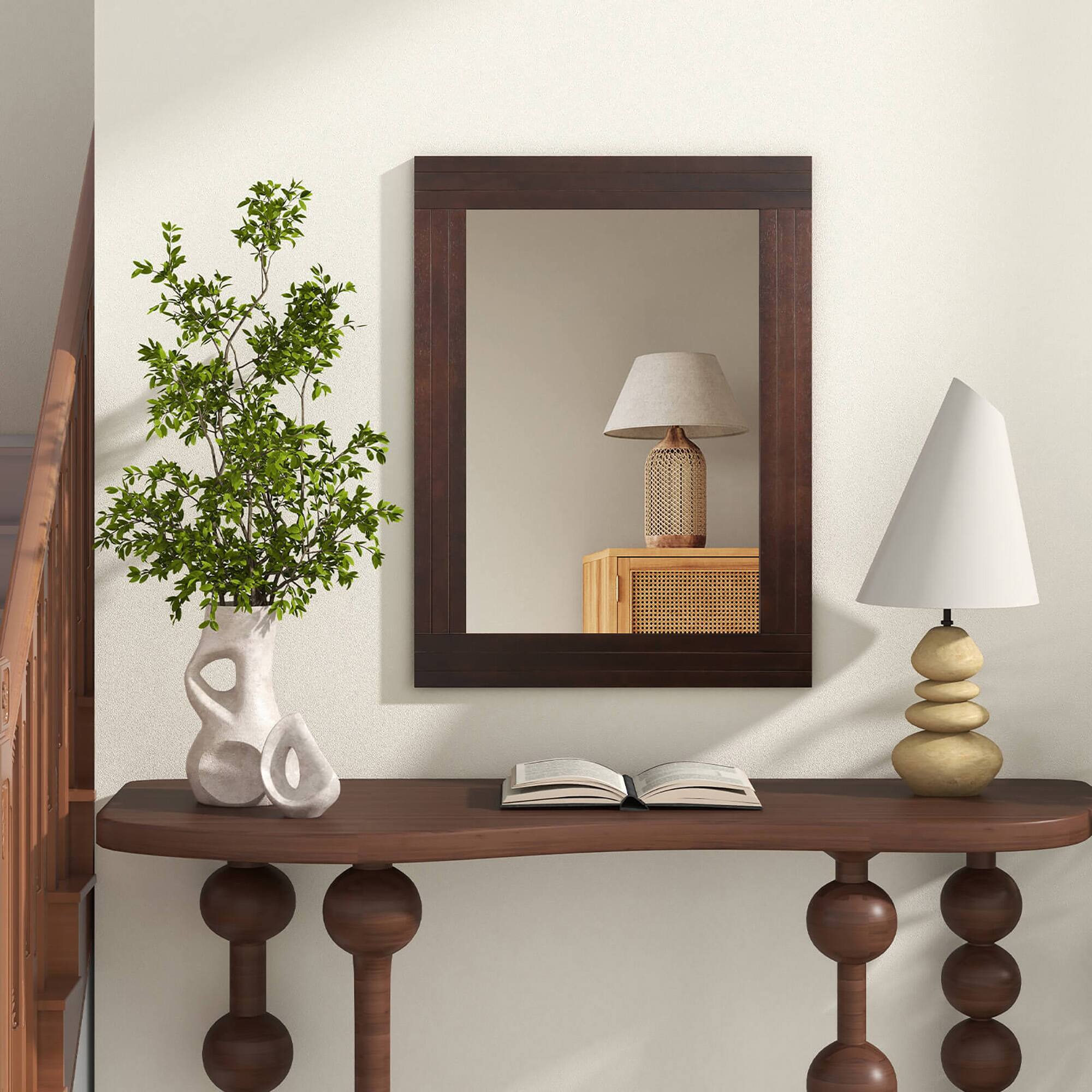 Alt View 1. Gymax - Gymax Wood Framed Wall Mirror for Bathroom Farmhouse Boho Rustic Wall Decoration - Brown.