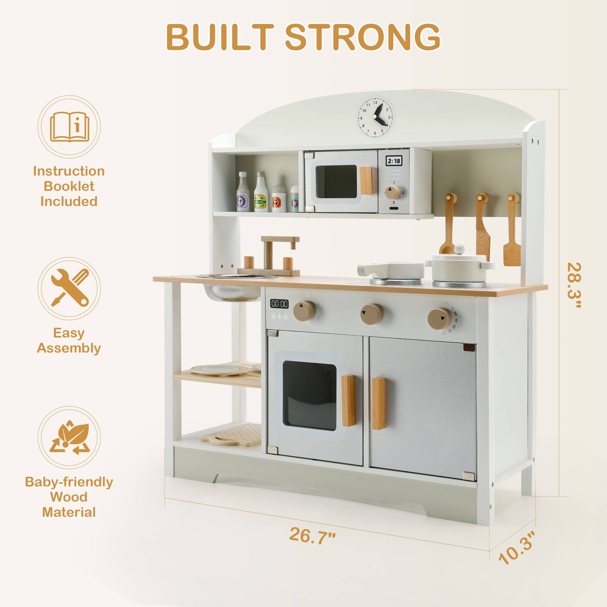 BUILT STRONG

- Instruction Booklet Included
- Easy Assembly
- Baby-friendly Wood Material

Dimensions:
- 28.3"
- 26.7"
- 10.3"