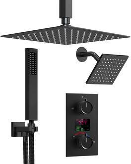 GRANDJOY - Multi-Function Shower System with LCD Display, Dual Rainfall & Handheld, cUPC Certified Anti-Scalding - Matte Black