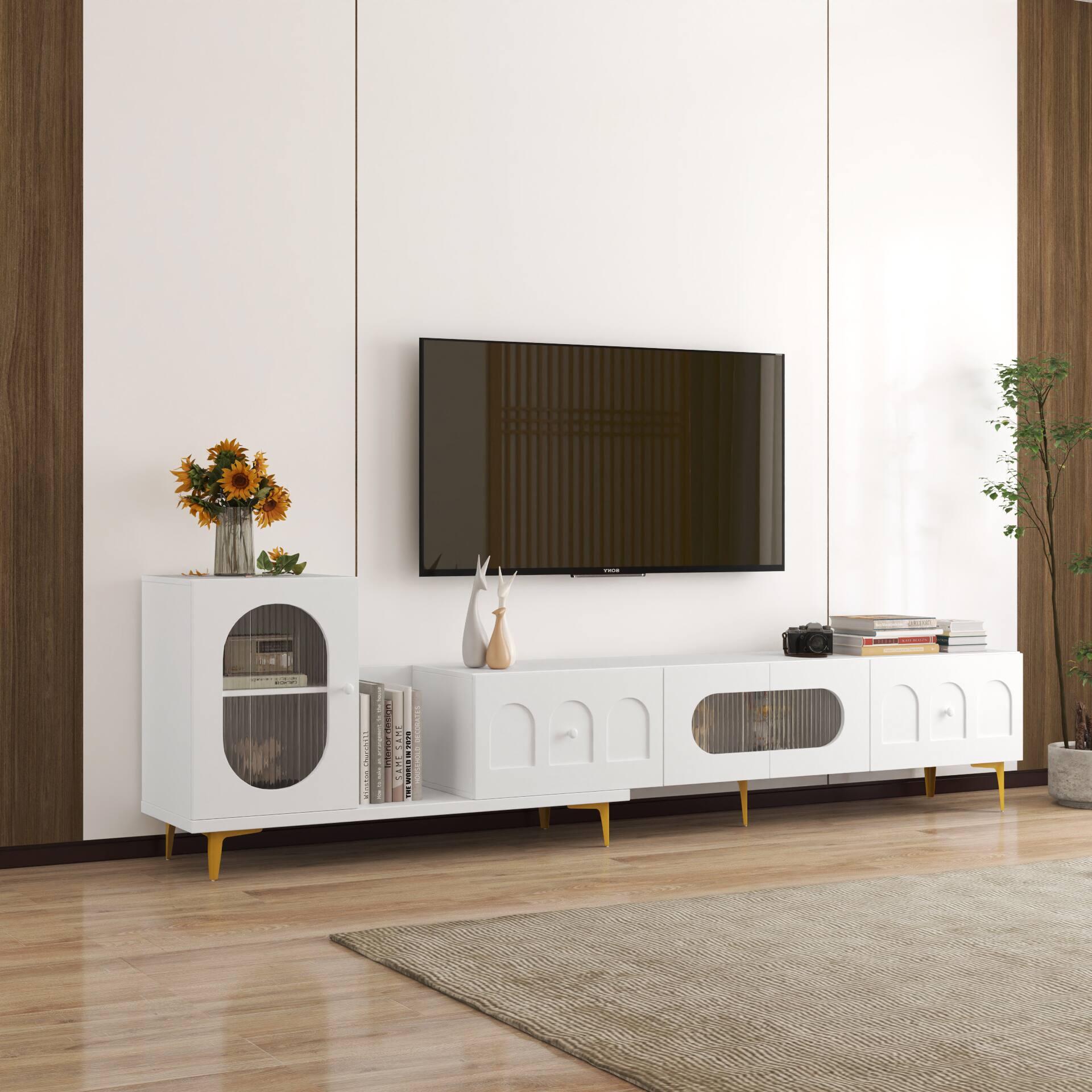 Angle. GOODSILO - Extendable Rectangle TV Stand and Media Console with Adjustable Storage - White.