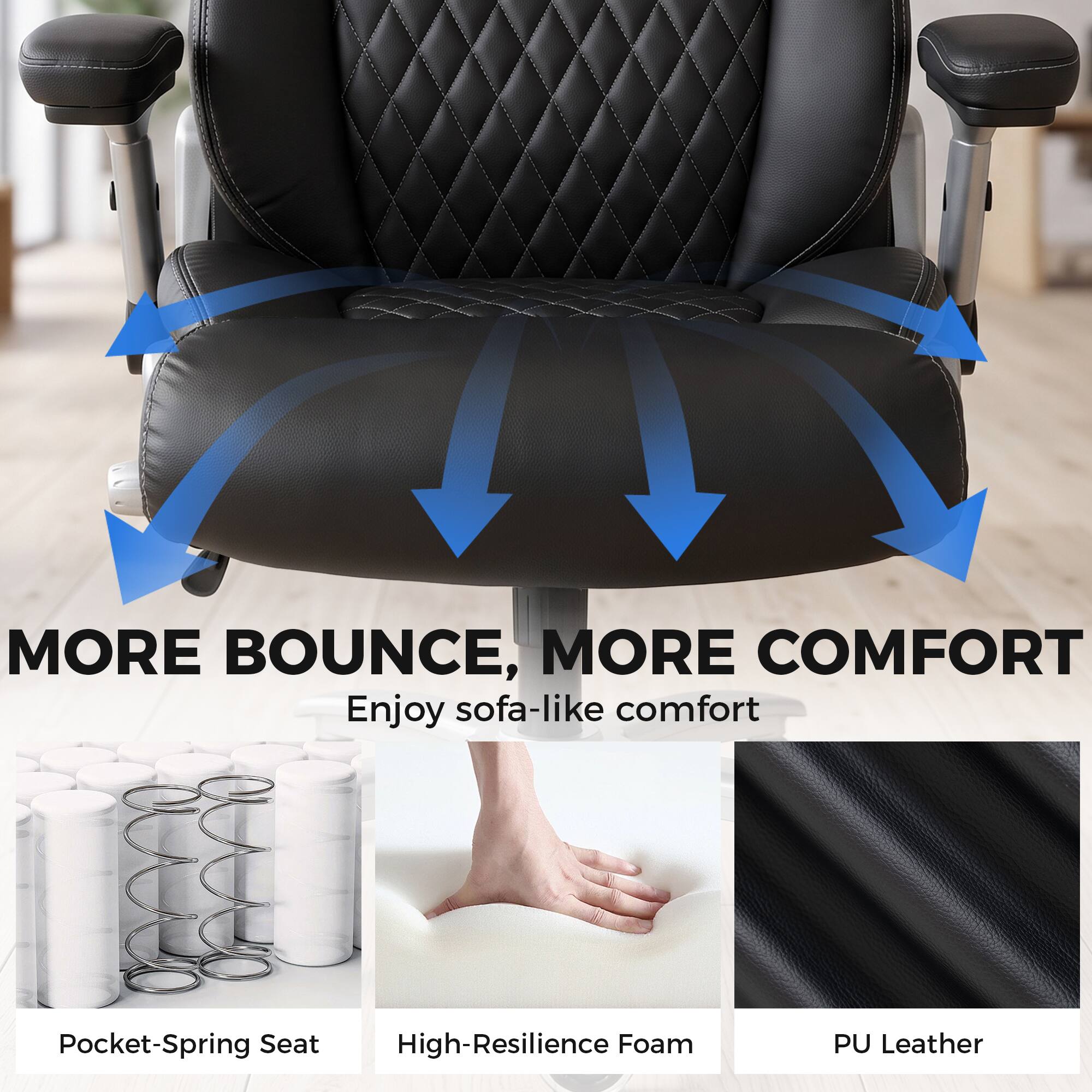 MORE BOUNCE, MORE COMFORT  
Enjoy sofa-like comfort

Pocket-Spring Seat  
High-Resilience Foam  
PU Leather