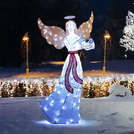 Costway - 5 FT Lighted Angel with Harp LED Lights Halo Zip Ties & Ground Stakes Christmas Advent Calendar - White