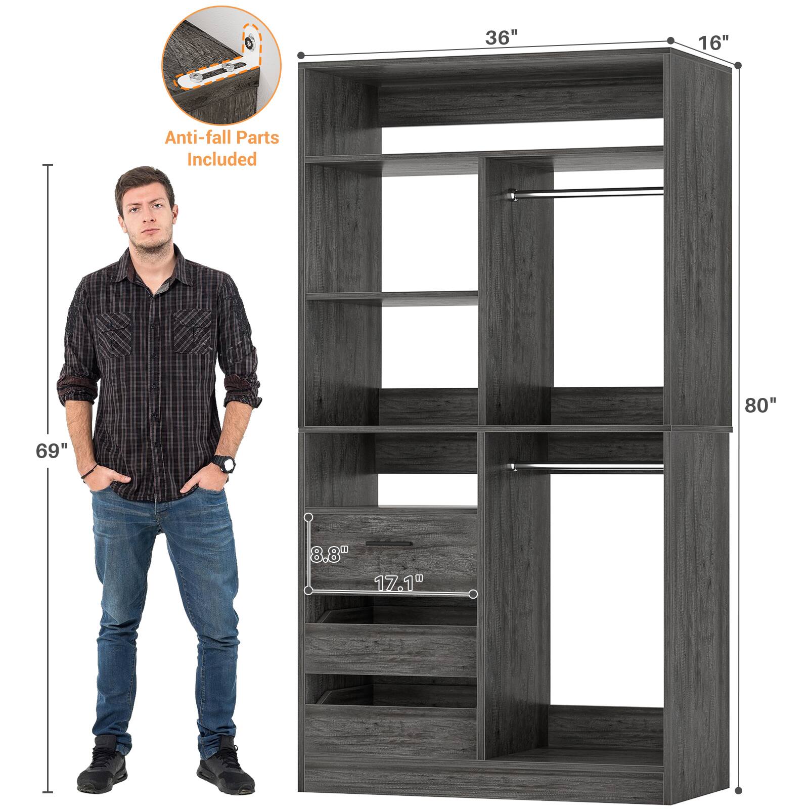 36" x 16" x 80"  
Anti-fall Parts Included  
69"  
8.8" x 17.1"