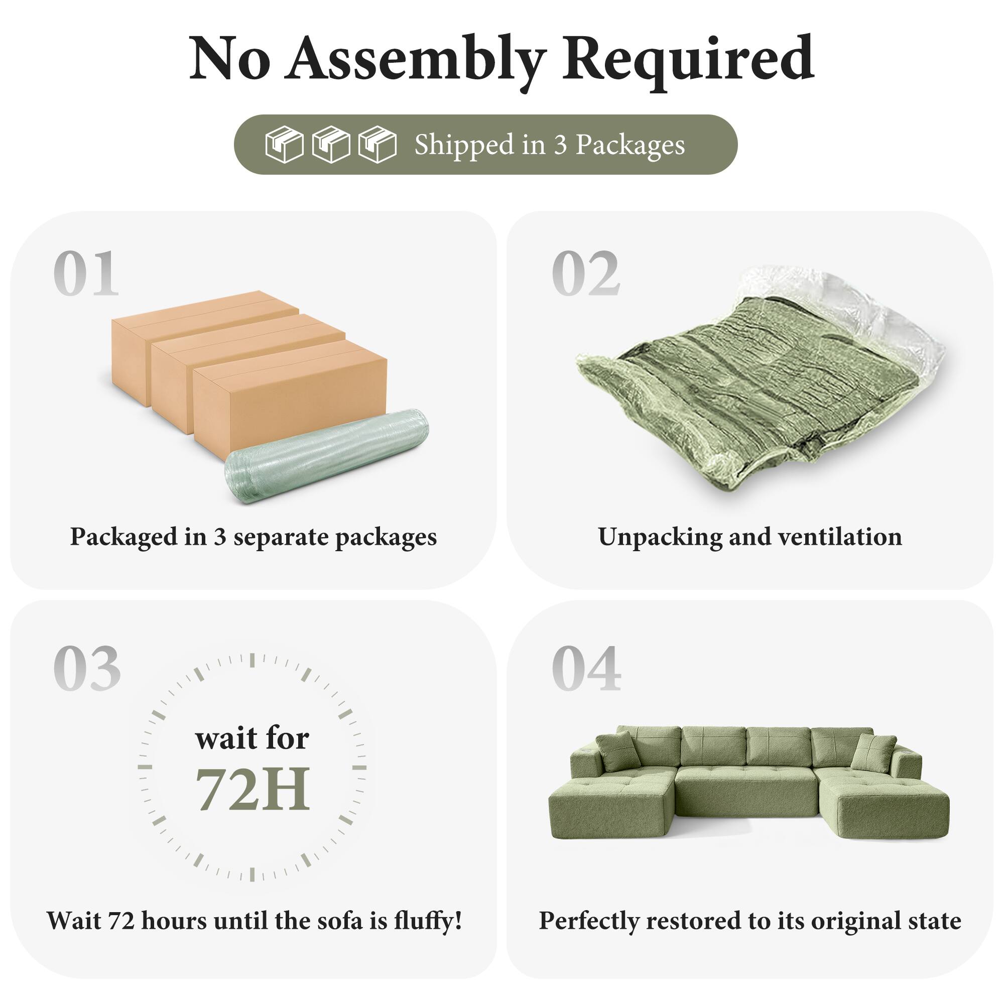 No Assembly Required  
Shipped in 3 Packages  

01  
Packaged in 3 separate packages  

02  
Unpacking and ventilation  

03  
wait for 72H  
Wait 72 hours until the sofa is fluffy!  

04  
Perfectly restored to its original state