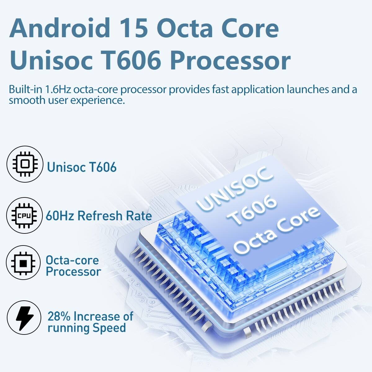 Android 15 Octa Core Unisoc T606 Processor

Built-in 1.6Hz octa-core processor provides fast application launches and a smooth user experience.

Unisoc T606 CPU
60Hz Refresh Rate
Octa-core Processor
28% Increase of running Speed
