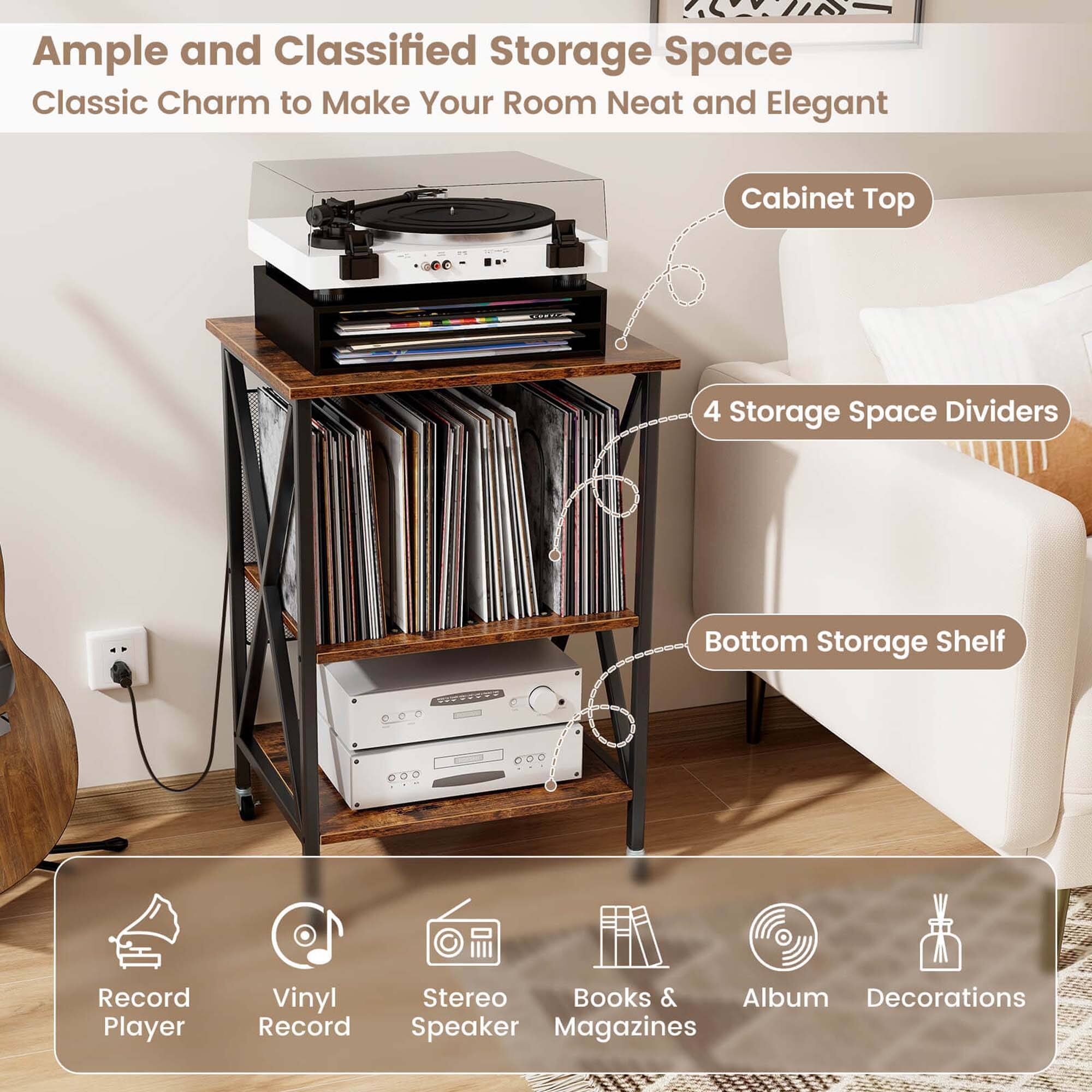 Ample and Classified Storage Space  
Classic Charm to Make Your Room Neat and Elegant  

Cabinet Top  
4 Storage Space Dividers  
Bottom Storage Shelf  

Record Player  
Vinyl Record  
Stereo Speaker  
Books & Magazines  
Album  
Decorations