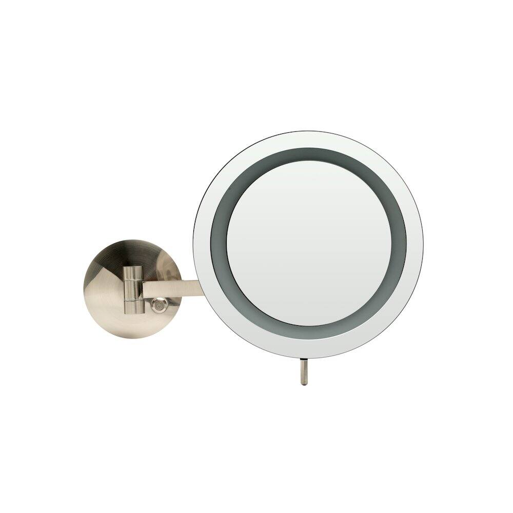 Angle. Alfi - Brushed Nickel Wall Mount Round 9" 5x Magnifying Cosmetic Mirror with Light - Silver.
