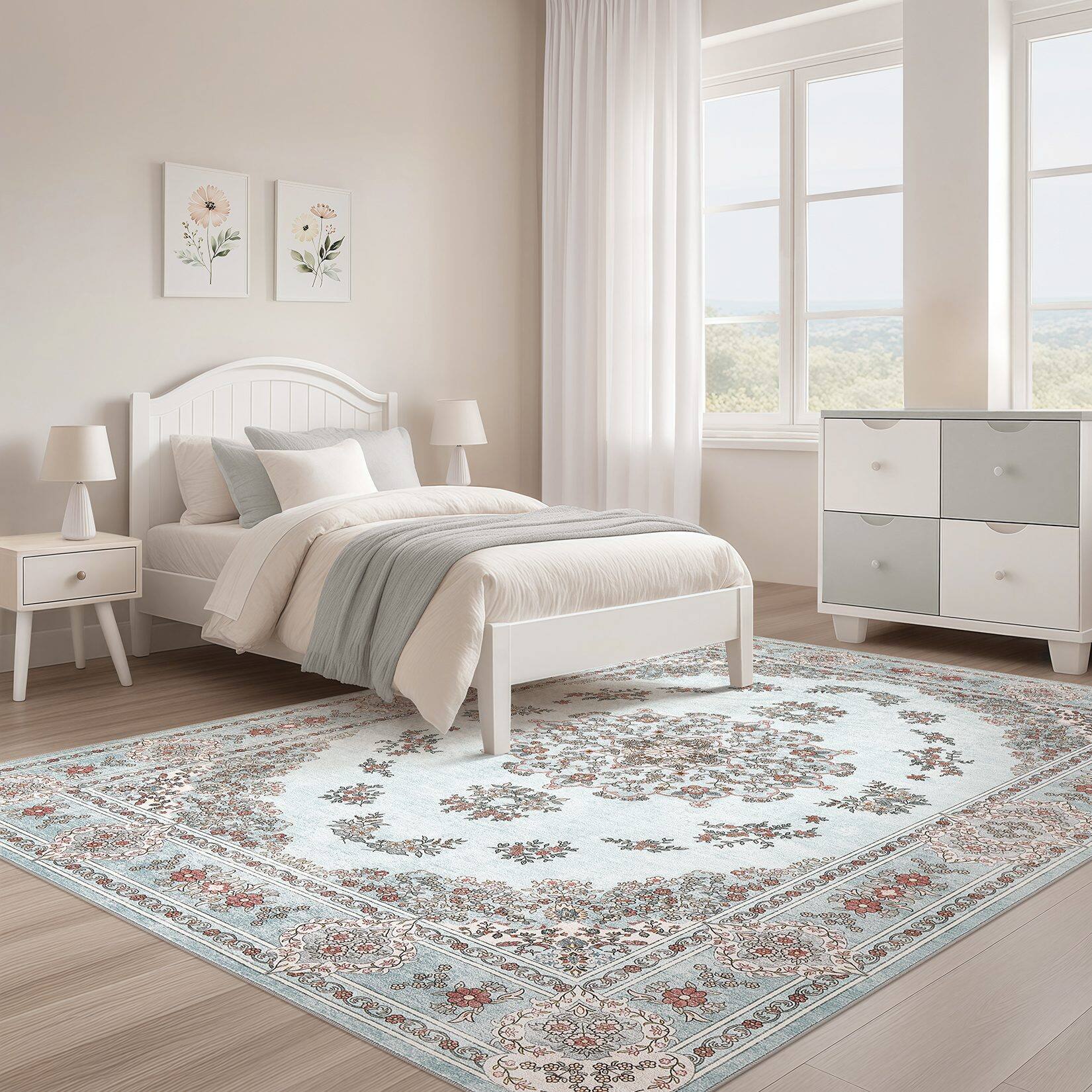 Alt View 2. Yardgrace - 8'x10' ft Floral Bohemian Area Rug, Vintage Washable Printed Boho Carpet for Living Room Bedroom - Blue.