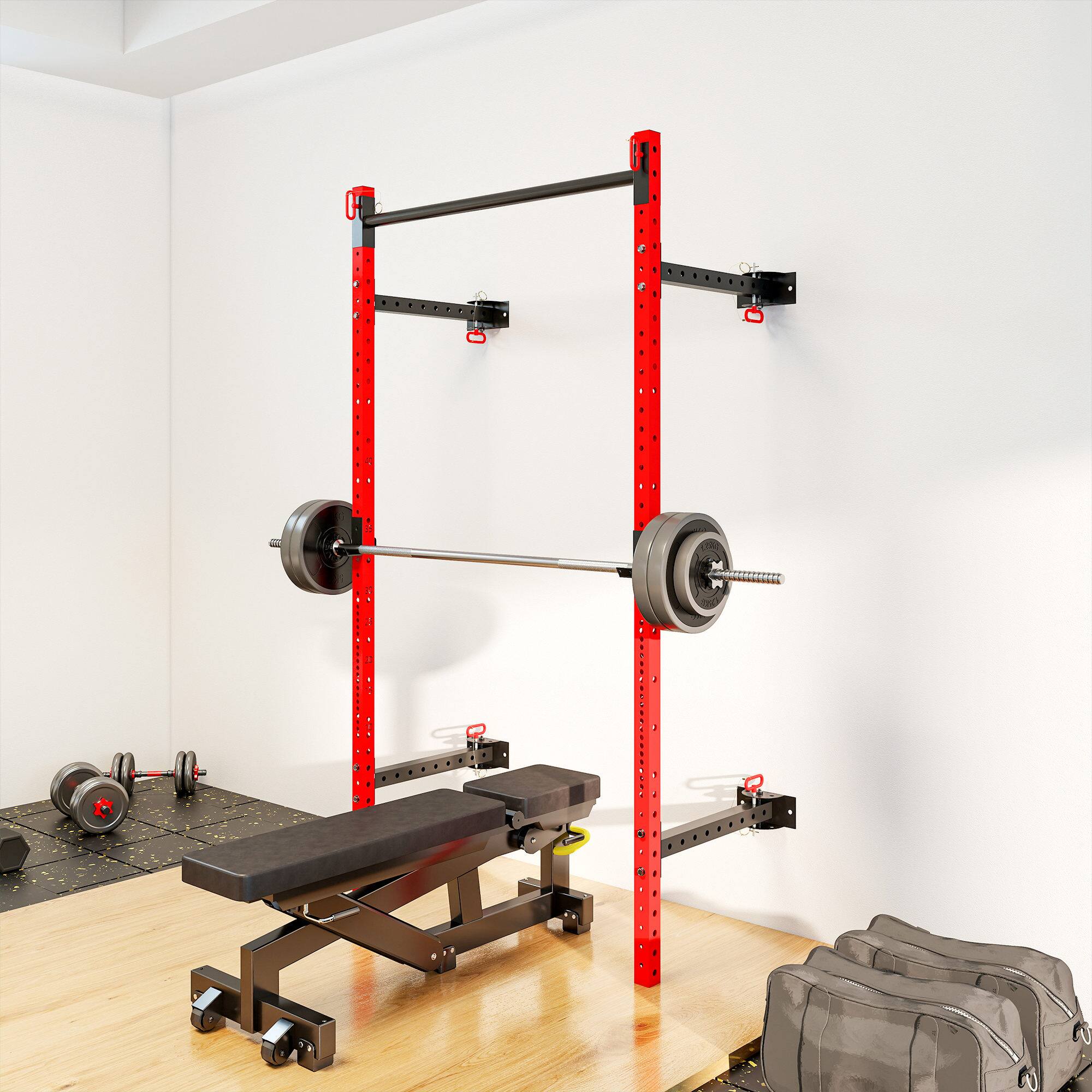 Alt View 7. Soozier - Folding Squat Rack with Adjustable Pull-Up Bar, 1000 Pounds Capacity Wall Mounted Power Rack, Adjustable Barbell Rack - Red.