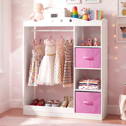 Front. Costway - Costway Kids Dress Up Storage with Full Length Mirror, Open Shelves, Hanging Rod & Drawers - White.