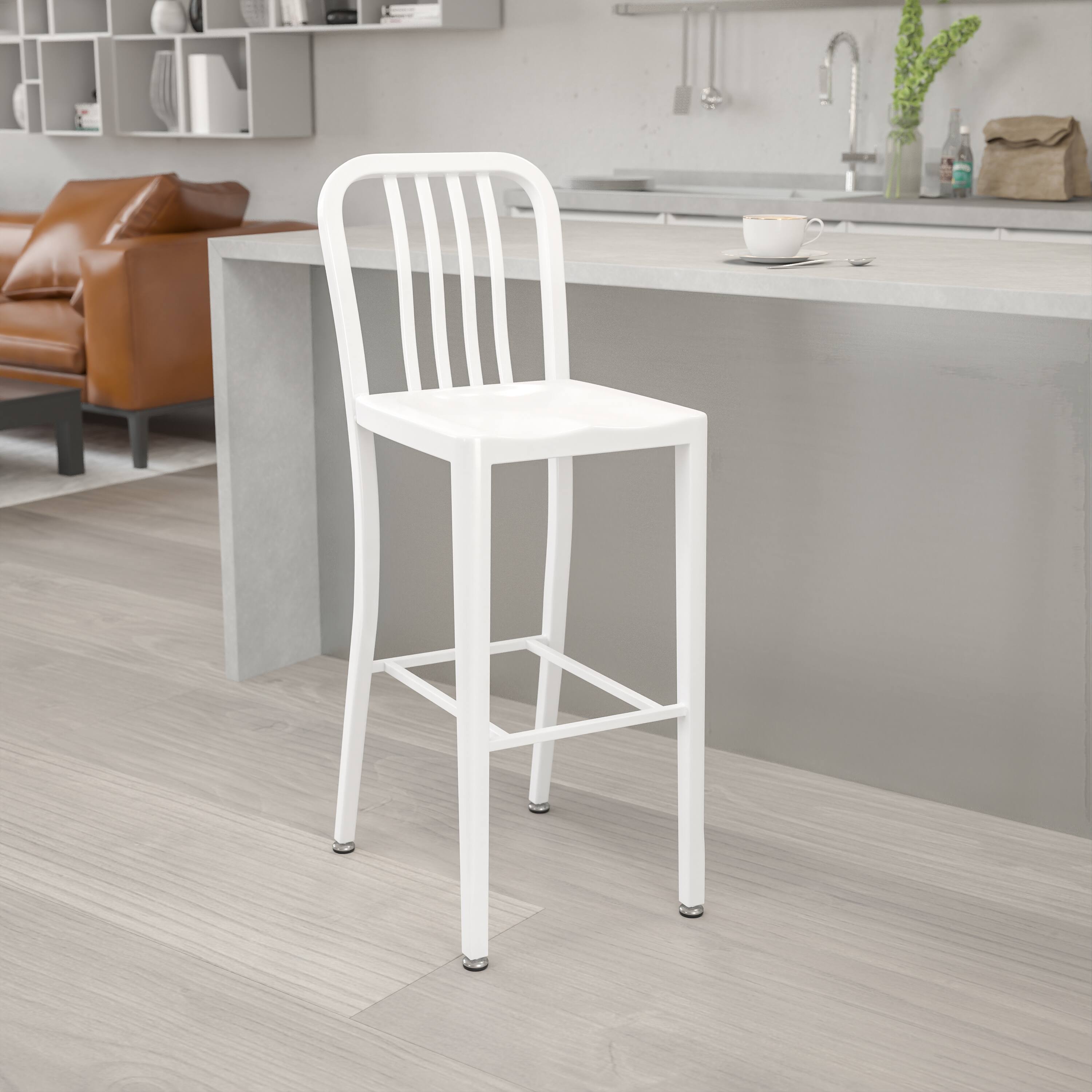 Alt View 1. Emma + Oliver - Commercial Grade 30"H Colorful Metal Indoor-Outdoor Vertical Slat Back Barstool - White.