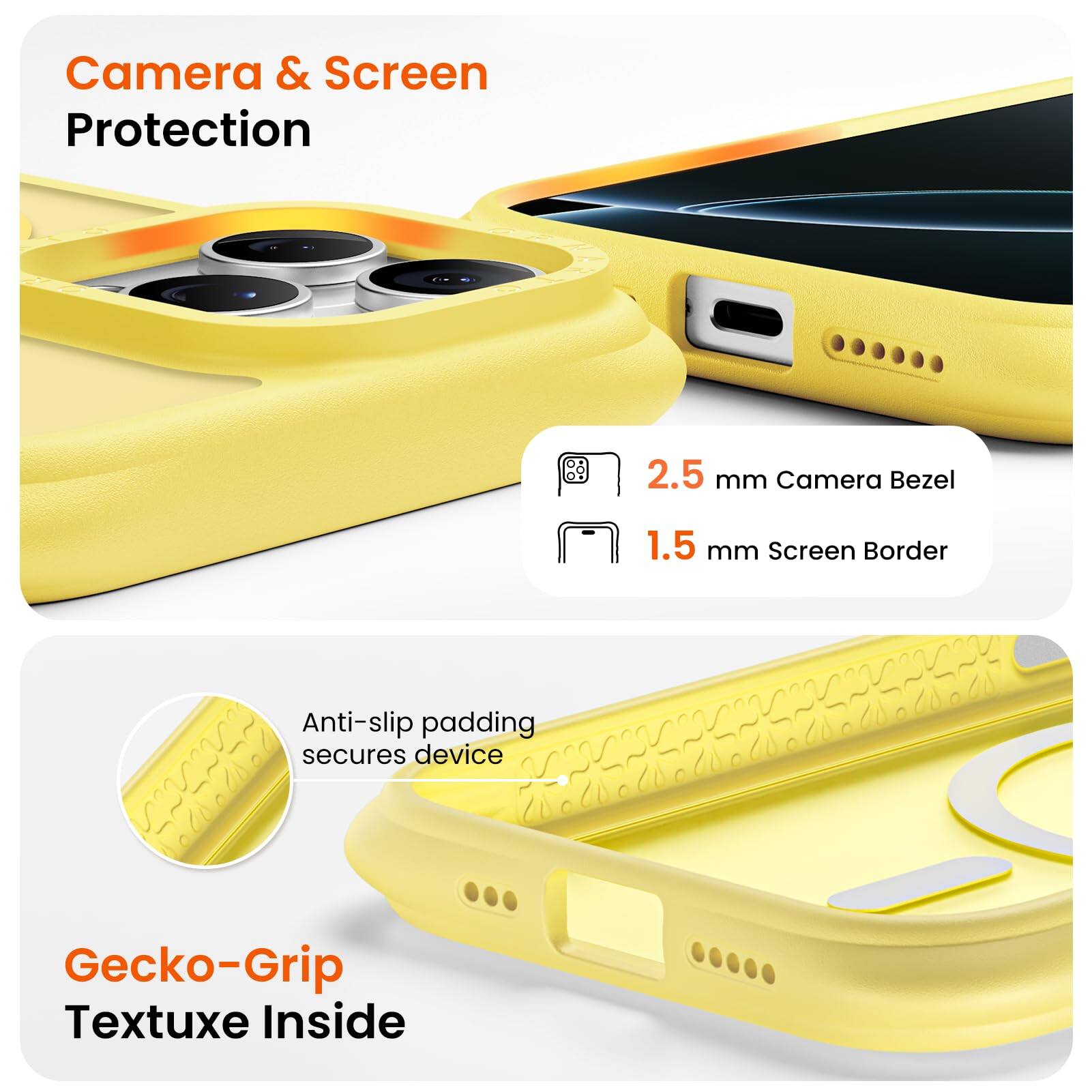 Camera & Screen Protection  
2.5 mm Camera Bezel  
1.5 mm Screen Border  
Anti-slip padding secures device  
Gecko-Grip Textuxe Inside