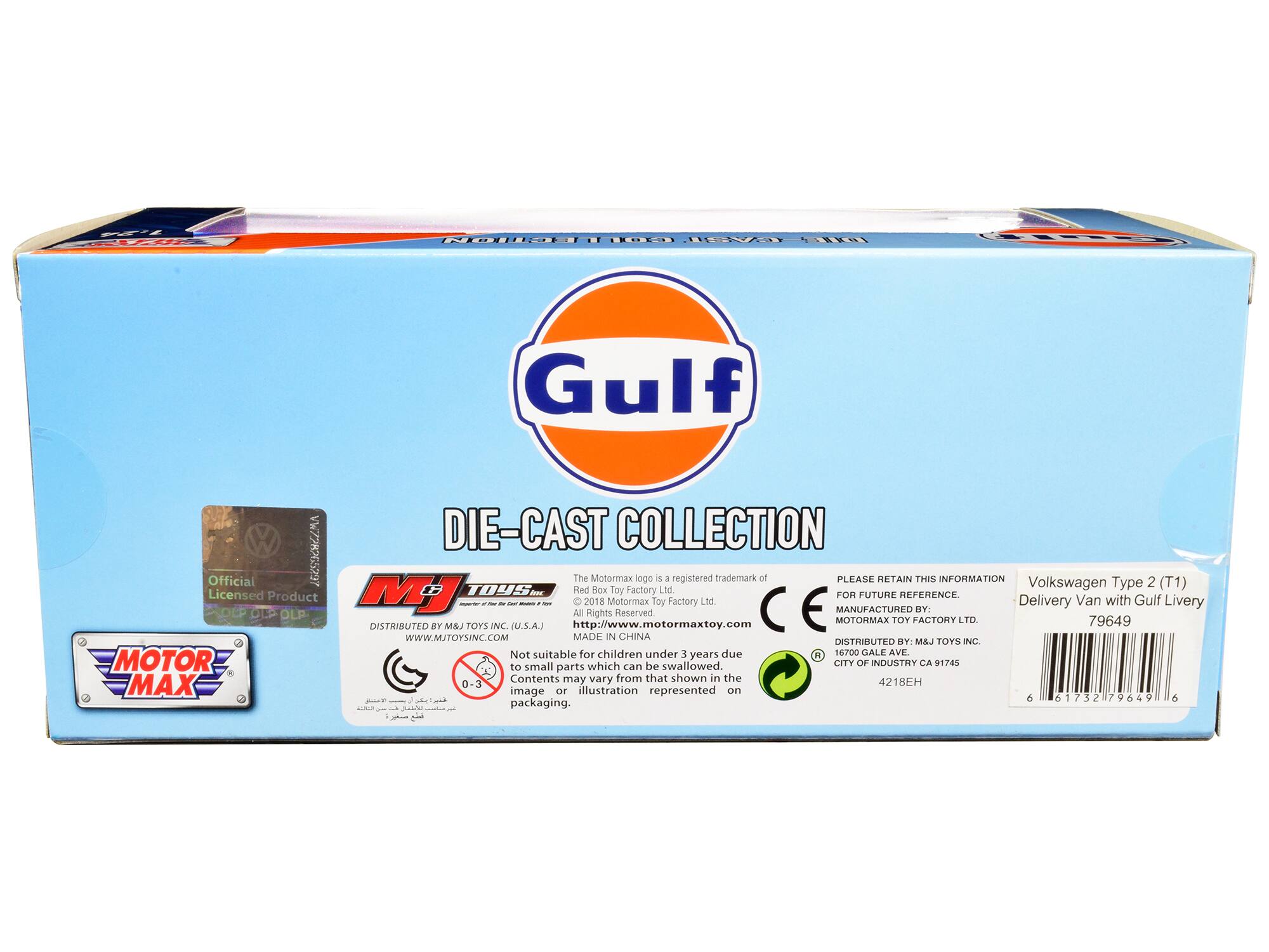 Gulf DIE-CAST COLLECTION  
Official VW728265297  
The Motormax logo  
4 registered trademark of PLEASE RETAIN THIS INFORMATION Volkswagen Type 2 (T1) MJ TOYS. 1 Red Box Toy Factory Ltd. Licensed Product FOR FUTURE REFERENCE Delivery Van with Gulf - : - - 2018 Motormax Toy Factory LIC. Livery 2OLD MANUFACTURED BY: OLP All Rights Reserved MOTORMAX TOY FACTORY LTD. 79649 DISTRIBUTED BY M&J TOYS INC. (U.S.A.) http://www.motormaxtoy.com WWW.MJTOYSINC.COM MADE IN CHINA DISTRIBUTED BY: MAJ TOYS INC. Not suitable for children under 3 years due to small parts which can be swallowed. CITY OF INDUSTRY CA 91745 Contents may vary from that shown in the image or illustration represented on packaging.