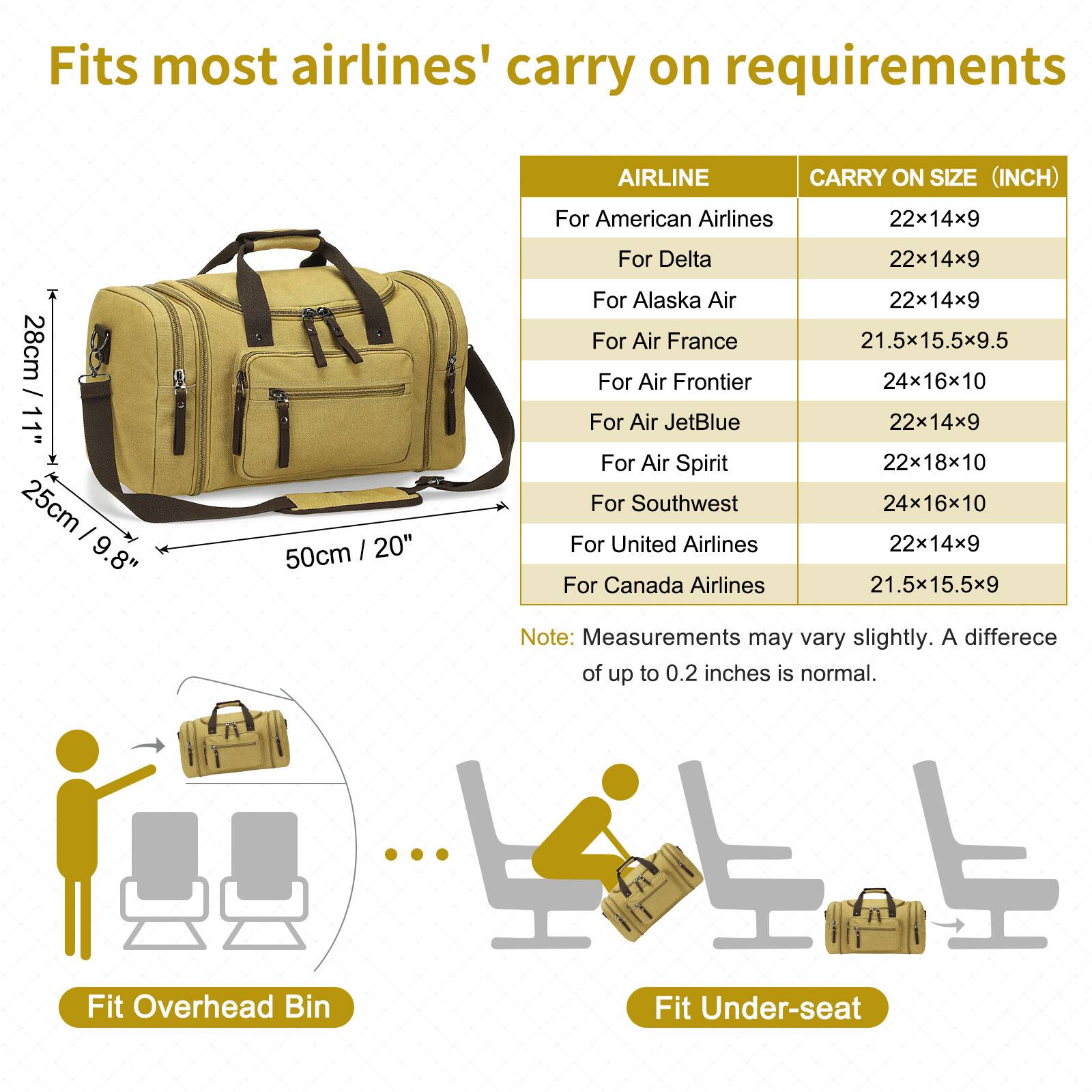 Fits most airlines' carry on requirements

AIRLINE | CARRY ON SIZE (INCH)

For American Airlines | 22x14x9  
For Delta | 22x14x9  
For Alaska Air | 22x14x9  
For Air France | 21.5x15.5x9.5  
For Air Frontier | 24x16x10  
For Air JetBlue | 22x14x9  
For Air Spirit | 22x18x10  
For Southwest | 24x16x10  
For United Airlines | 22x14x9  
For Canada Airlines | 21.5x15.5x9  

Note: Measurements may vary slightly. A difference of up to 0.2 inches is normal.

Fit Overhead Bin  
Fit Under-seat