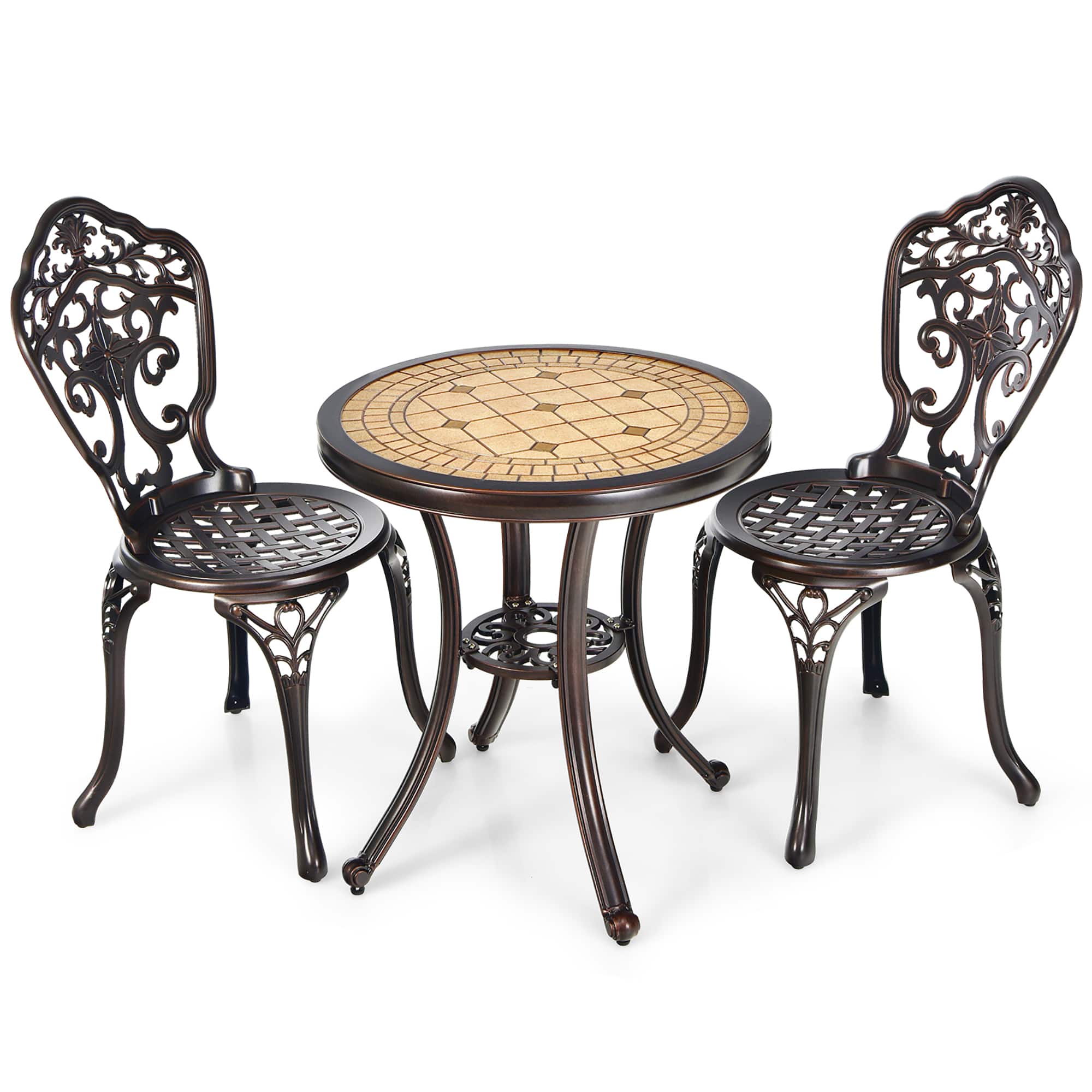 Costway - 3PCS Patio Bistro Set Round Table Chairs All Weather Cast Aluminum Yard - Walnut