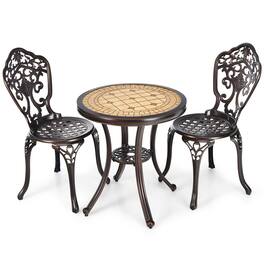 Costway - 3PCS Patio Bistro Set Round Table Chairs All Weather Cast Aluminum Yard - Walnut