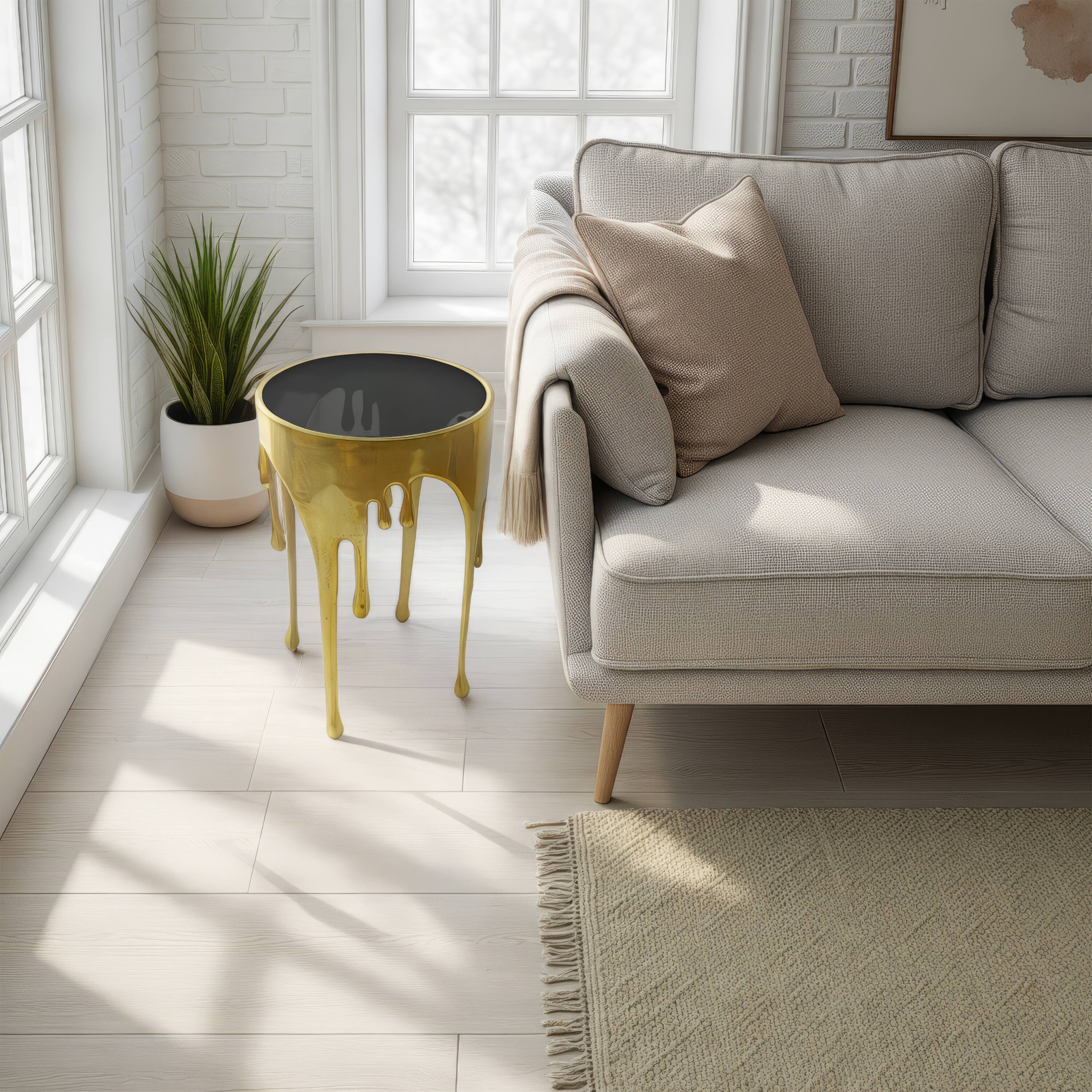 Alt View 8. Manhattan Lane - Capri Side End Table | 24.75 Inch Round Glass Top | Melting Drip Design - Gold, Black.