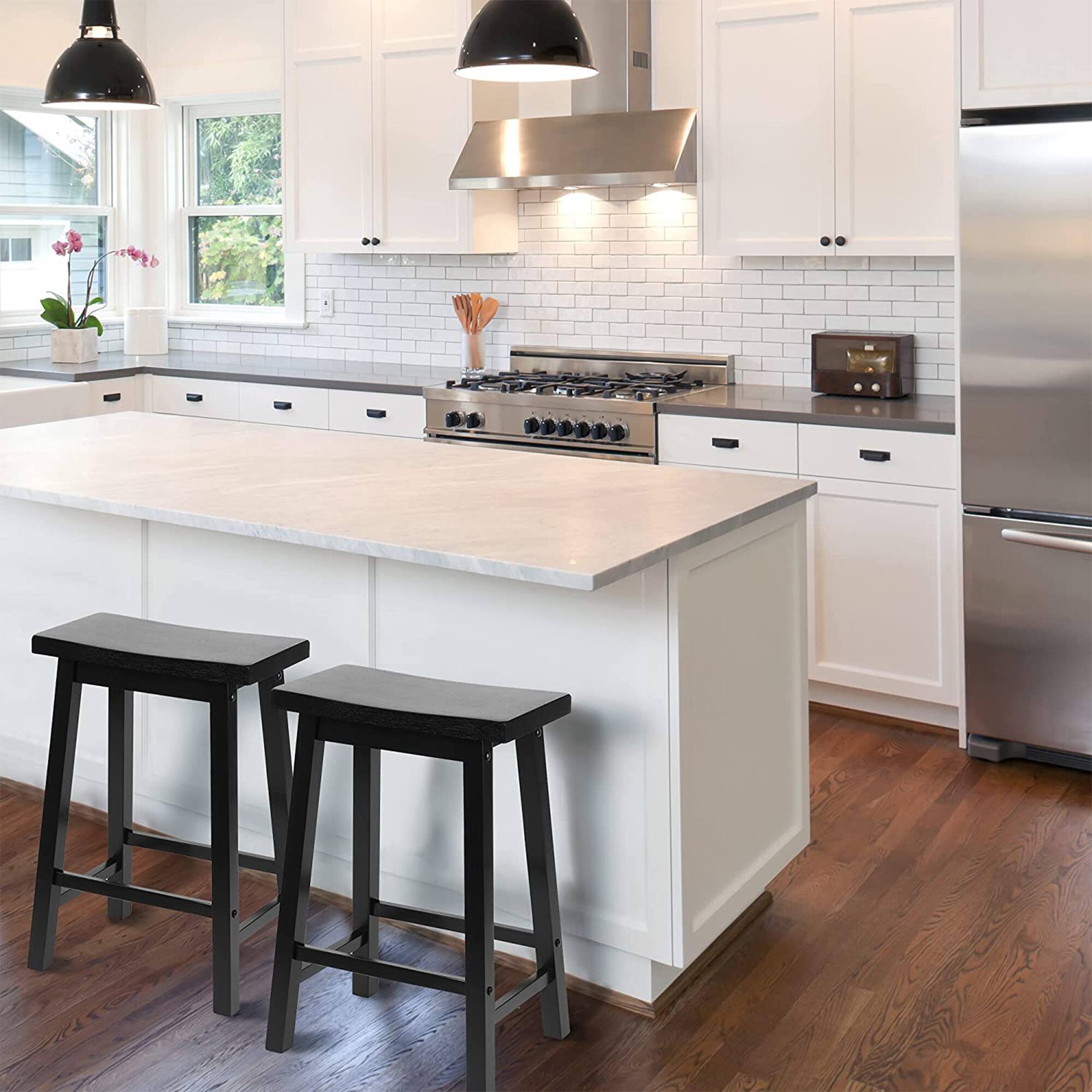 Alt View 5. PJ Wood - PJ Wood Classic Saddle-Seat 24" Tall Kitchen Counter Stools, Black, (Set of 2) - Black.