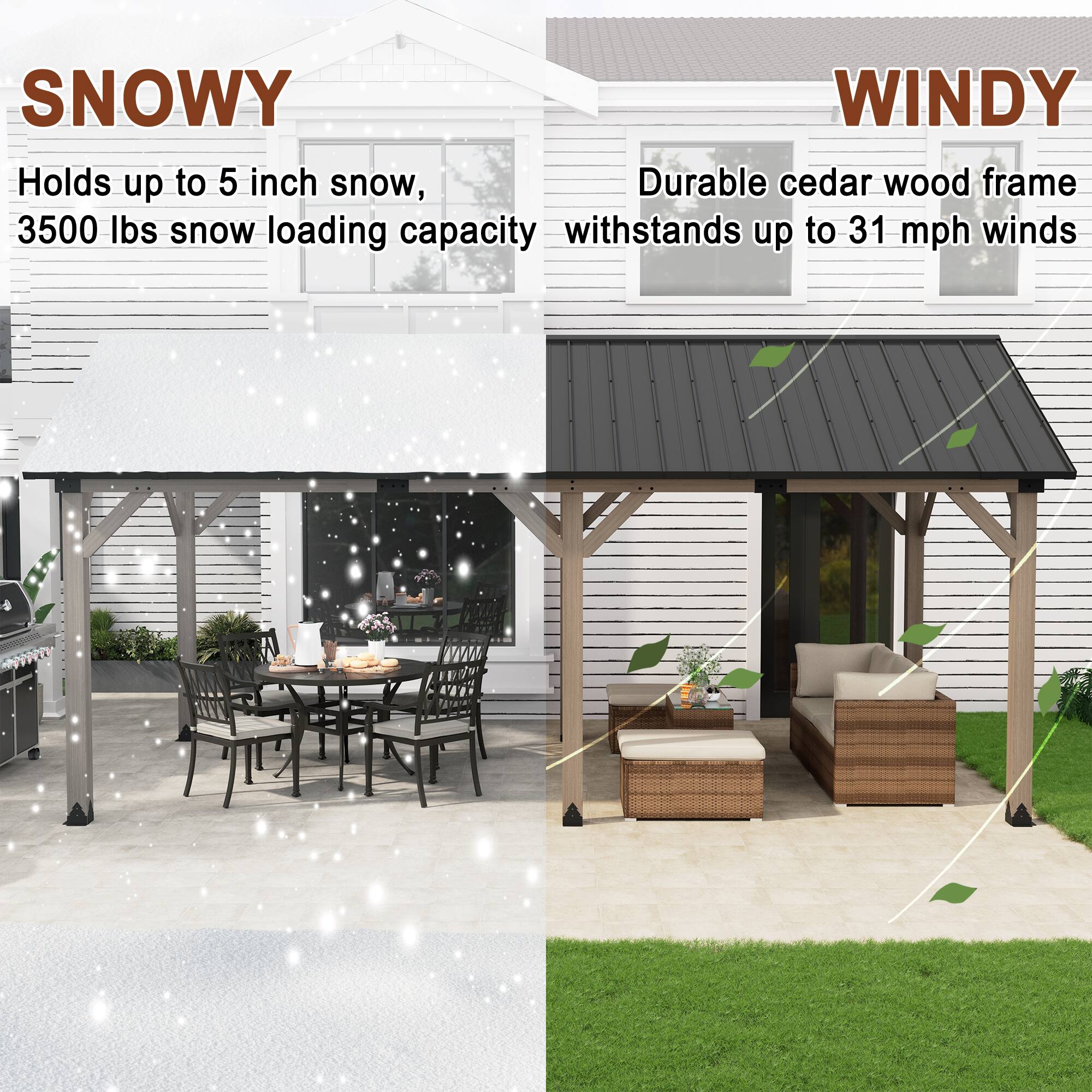 SNOWY  
Holds up to 5 inch snow,  
3500 lbs snow loading capacity  

WINDY  
Durable cedar wood frame withstands up to 31 mph winds