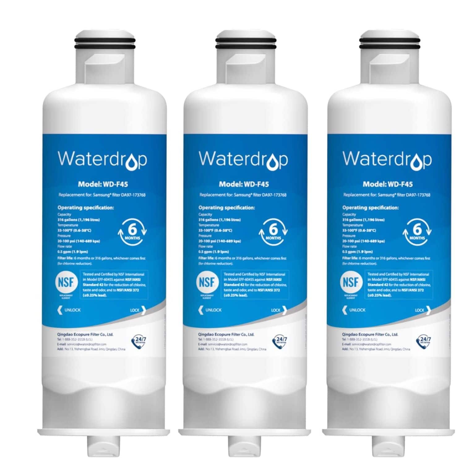 Waterdrop  
Model: WD-F45  
Replacement for Samsung® filter DA97-173768  

Operating specification:  
Capacity: 316 gallons (1,190 liters)  
Temperature: 1-100°F (10-38°C)  
Filter life: 6 months or 316 gallons, whichever comes first  
Pressure: 20-100 psi (140-689 kPa)  
0.5 gpm (18.9 lpm)  

Tested and Certified by NSF International in Model DFF-4055 against NSF/ANSI Standard 42 for the reduction of chlorine, taste and odor, and NSF/ANSI Standard 53 for the reduction of lead, and NSF/ANSI Standard 401 for the reduction of 1,4-dioxane.  

Qingdao Ecopeur Filter Co., Ltd.  
Email: service@waterdropfilter.com  
Add: No. 11, Yuhuang Road, Qiaodao, China  

Waterdrop  
Model: WD-F45  
Replacement for Samsung® filter DA97-173768  

Operating specification:  
Capacity: 316 gallons (1,190 liters)  
Temperature: 1-100°F (10-38°C)  
Filter life: 6 months or 316 gallons, whichever comes first  
Pressure: 20-100 psi (140-689 kPa)  
0.5 gpm (18.9 lpm)  

Tested and Certified by NSF International in Model DFF-4055 against NSF/ANSI Standard 42 for the reduction of chlorine, taste and odor, and NSF/ANSI Standard 53 for the reduction of lead, and NSF/ANSI Standard 401 for the reduction of 1,4-dioxane.  

Qingdao Ecopeur Filter Co., Ltd.  
Email: service@waterdropfilter.com  
Add: No. 11, Yuhuang Road, Qiaodao, China  

Waterdrop  
Model: WD-F45  
Replacement for Samsung® filter DA97-173768  

Operating specification:  
Capacity: 316 gallons (1,190 liters)  
Temperature: 1
