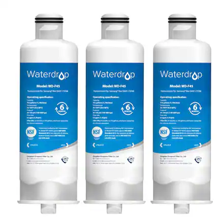 Waterdrop
Model: WD-F45
Replacement for Samsung® filter DA97-173768
Operating specification:
Capacity: 316 gallons (1,190 liters)
Temperature: 1-100°F (10-38°C)
Filter life: 6 months or 316 gallons, whichever comes first
Pressure: 20-100 psi (140-689 kPa)
0.5 gpm (18.9 lpm)
Tested and Certified by NSF International in Model DFF-4055 against NSF/ANSI Standard 42 for the reduction of chlorine, taste and odor, and NSF/ANSI Standard 53 for the reduction of lead, and NSF/ANSI Standard 401 for the reduction of 1,4-dioxane.
Qingdao Ecopeur Filter Co., Ltd.
Email: service@waterdropfilter.com
Add: No. 11, Yuhuang Road, Qiaodao, China
Waterdrop
Model: WD-F45
Replacement for Samsung® filter DA97-173768
Operating specification:
Capacity: 316 gallons (1,190 liters)
Temperature: 1-100°F (10-38°C)
Filter life: 6 months or 316 gallons, whichever comes first
Pressure: 20-100 psi (140-689 kPa)
0.5 gpm (18.9 lpm)
Tested and Certified by NSF International in Model DFF-4055 against NSF/ANSI Standard 42 for the reduction of chlorine, taste and odor, and NSF/ANSI Standard 53 for the reduction of lead, and NSF/ANSI Standard 401 for the reduction of 1,4-dioxane.
Qingdao Ecopeur Filter Co., Ltd.
Email: service@waterdropfilter.com
Add: No. 11, Yuhuang Road, Qiaodao, China
Waterdrop
Model: WD-F45
Replacement for Samsung® filter DA97-173768
Operating specification:
Capacity: 316 gallons (1,190 liters)
Temperature: 1
