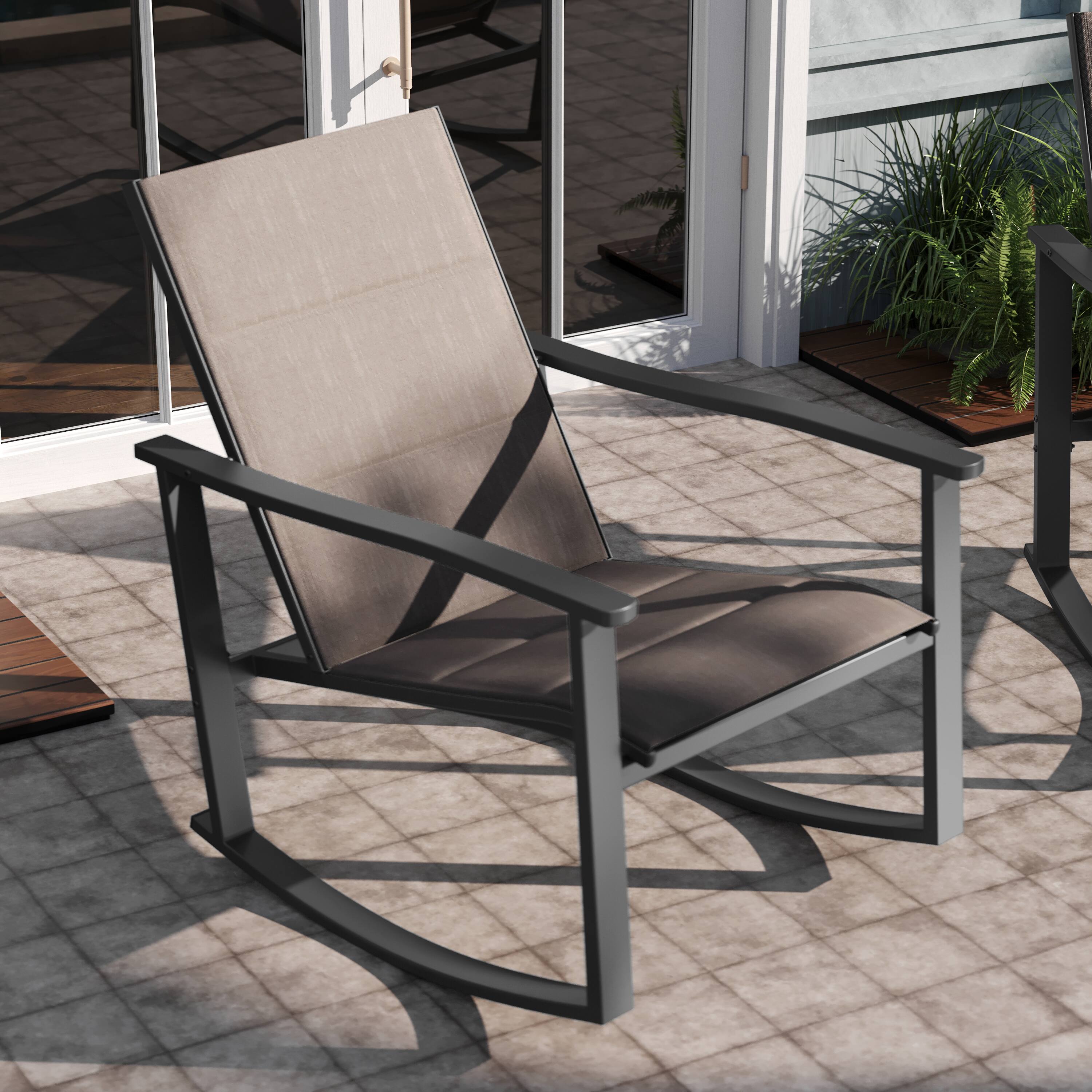 Alt View 4. Emma + Oliver - Braelin Set of 2 Outdoor Rocking Chairs with Flex Comfort Material and Metal Frame - Brown.