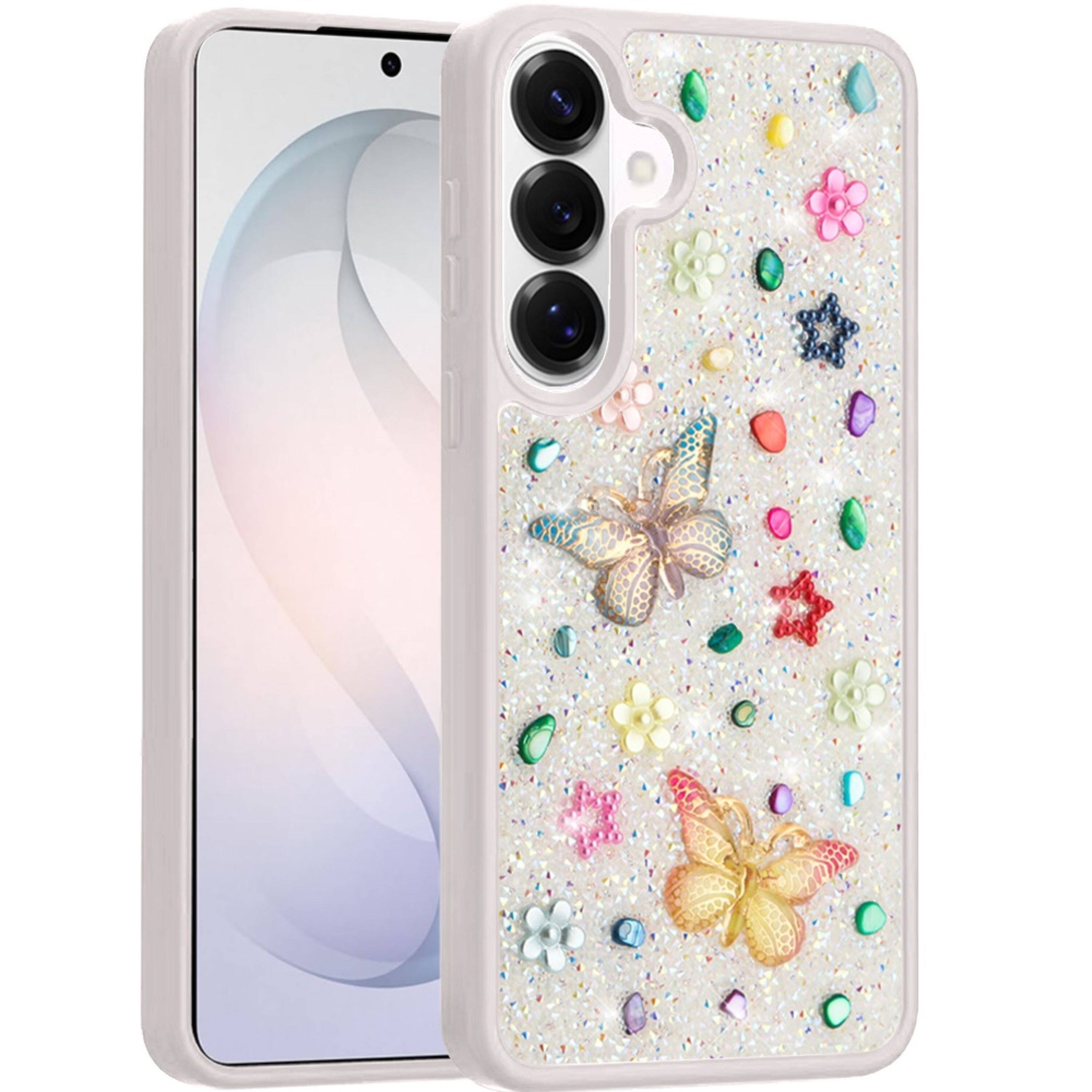 Left. Kitcheniva - Butterfly 3D Jewel Glitter Phone Case With Tempered Glass For Samsung Galaxy S26 White - White.