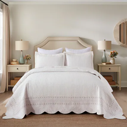 Front. MarCielo - MarCielo Elegant 3Pcs 100% Cotton Serene Stripe - Patterned Quilt Bedspread Set - White.