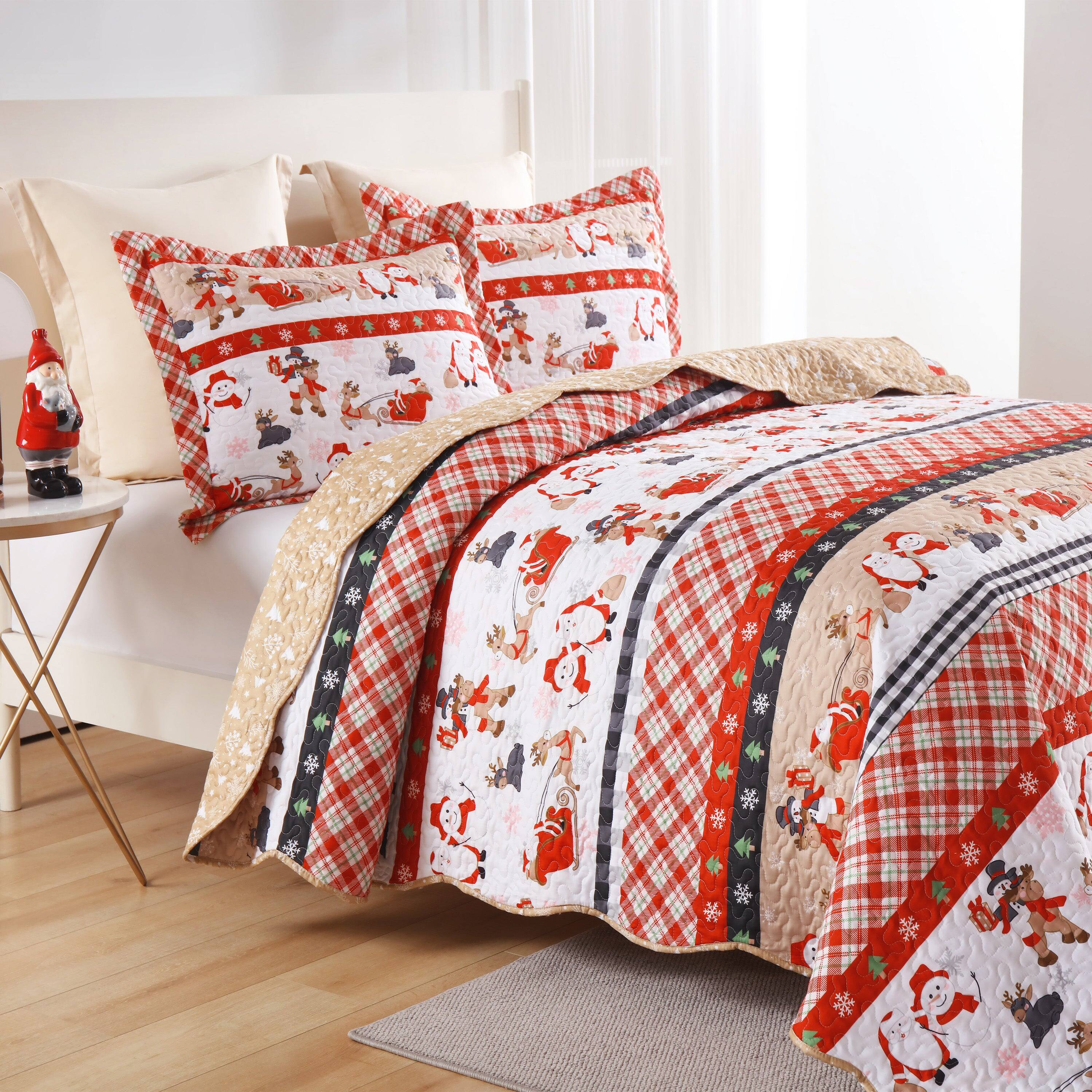 Angle. MarCielo - Marcielo 2/3 Pcs Christmas Quilt Bedspread Holiday Bedding Set - Red.