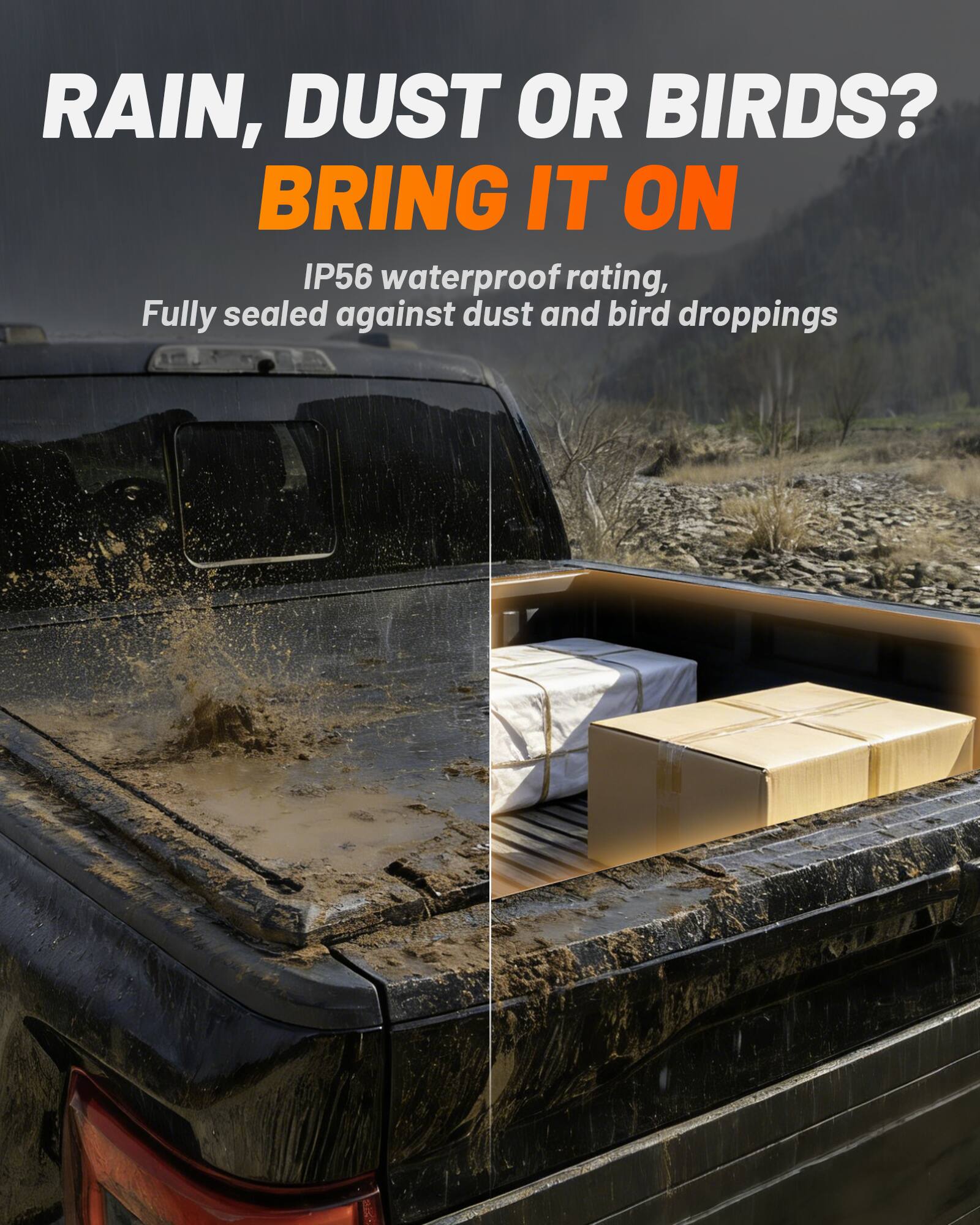 RAIN, DUST OR BIRDS?  
BRING IT ON  
IP56 waterproof rating,  
Fully sealed against dust and bird droppings