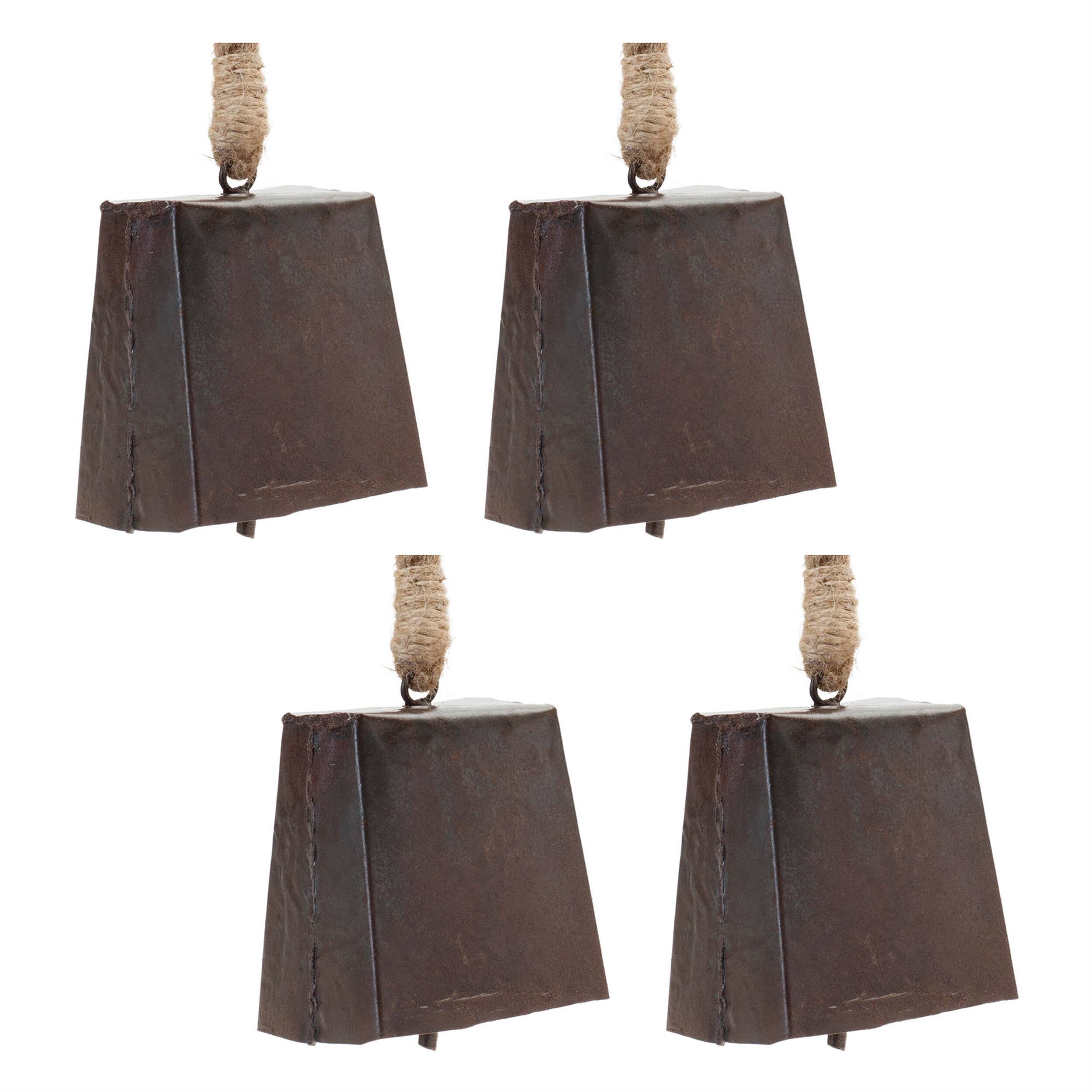 Left. BreeBe - Bronze Metal Bell Ornament with Jute Rope Hanger (Set of 4) - Bronze.