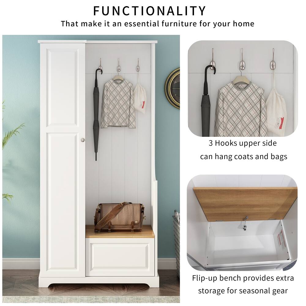 FUNCTIONALITY  
That make it an essential furniture for your home

3 Hooks upper side can hang coats and bags

Flip-up bench provides extra storage for seasonal gear