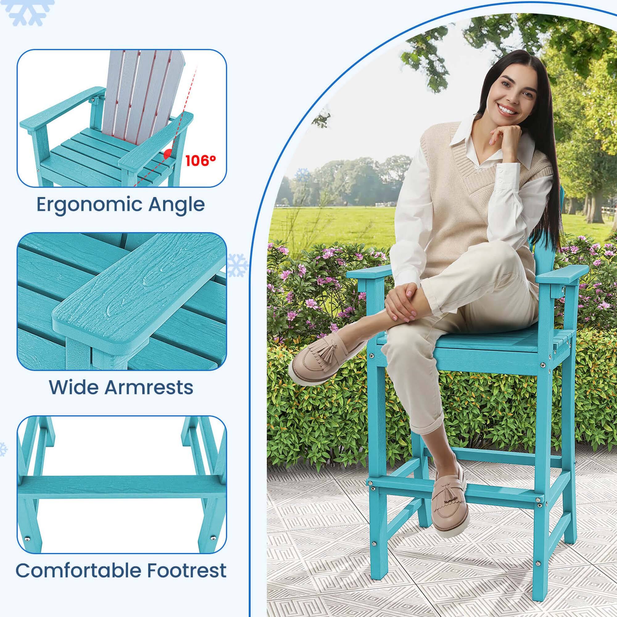 The text on the image reads: "106 Ergonomic Angle Wide Armrests Comfortable Footrest."