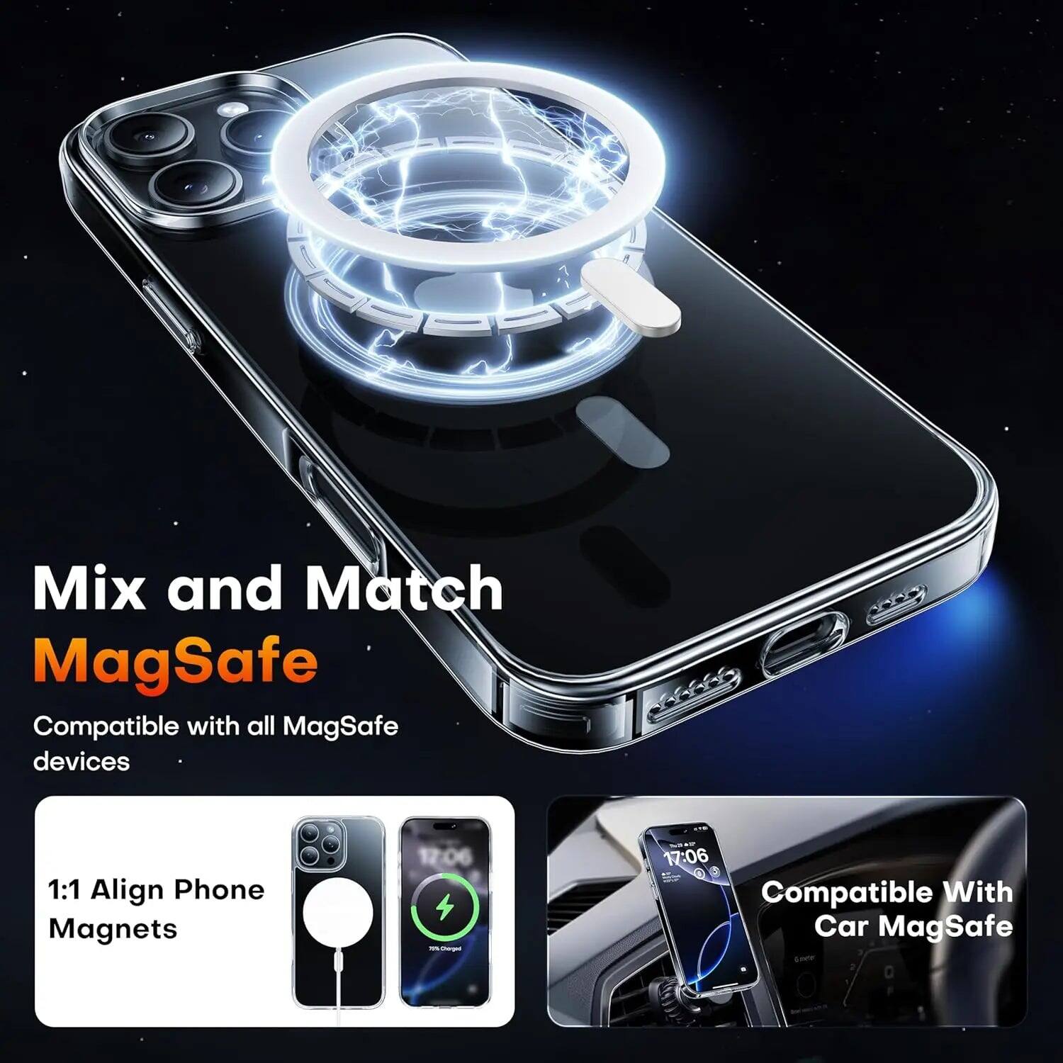 Mix and Match MagSafe  
Compatible with all MagSafe devices  

1:1 Align Phone Magnets  

17:06  
Compatible With Car MagSafe