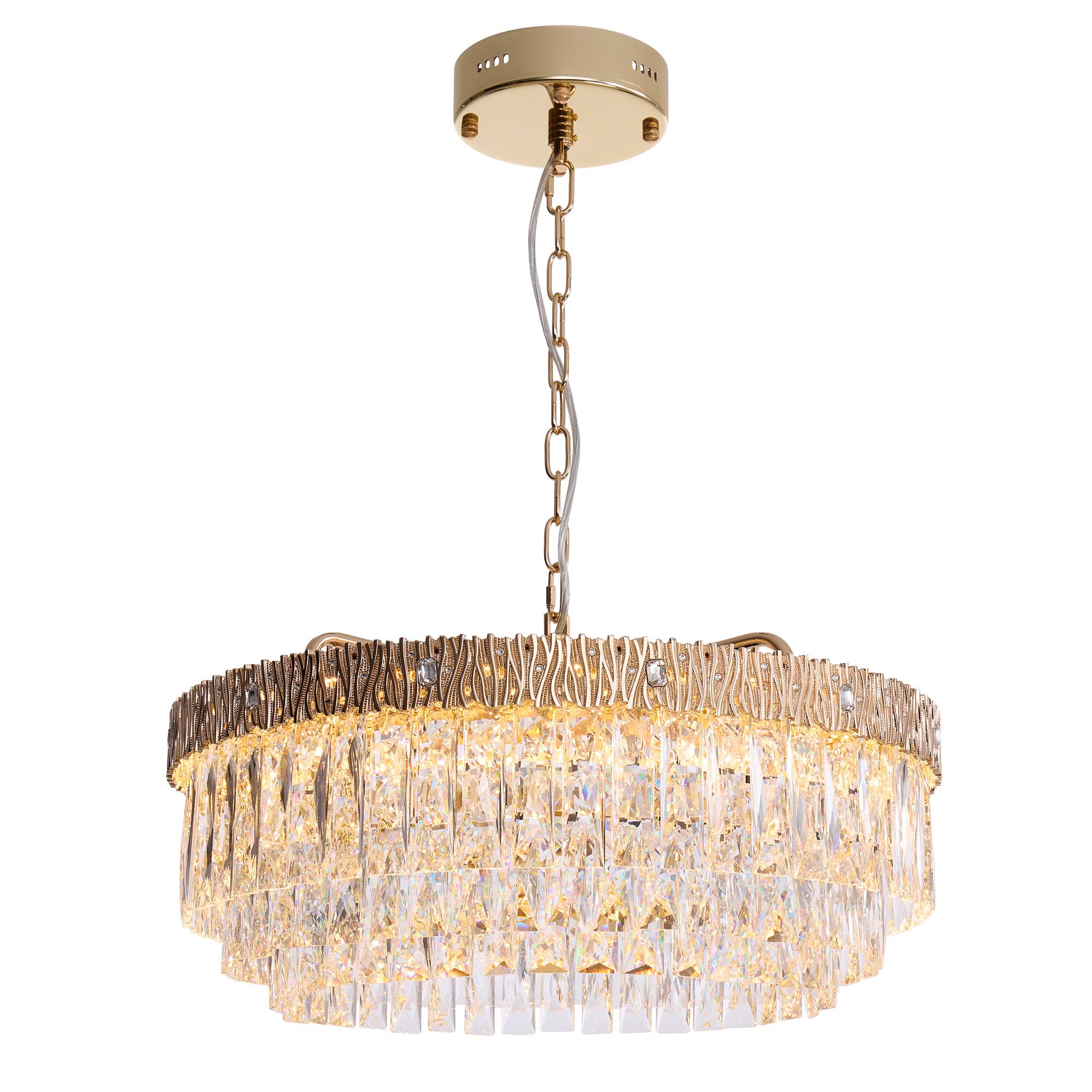 Alt View 7. Siljoy - 24 Inch Round Luxury Champagne Gold Multi-Layer Crystal Chandelier, Ceiling Pendant Light for Living Room and Foyer - Champagne Gold.