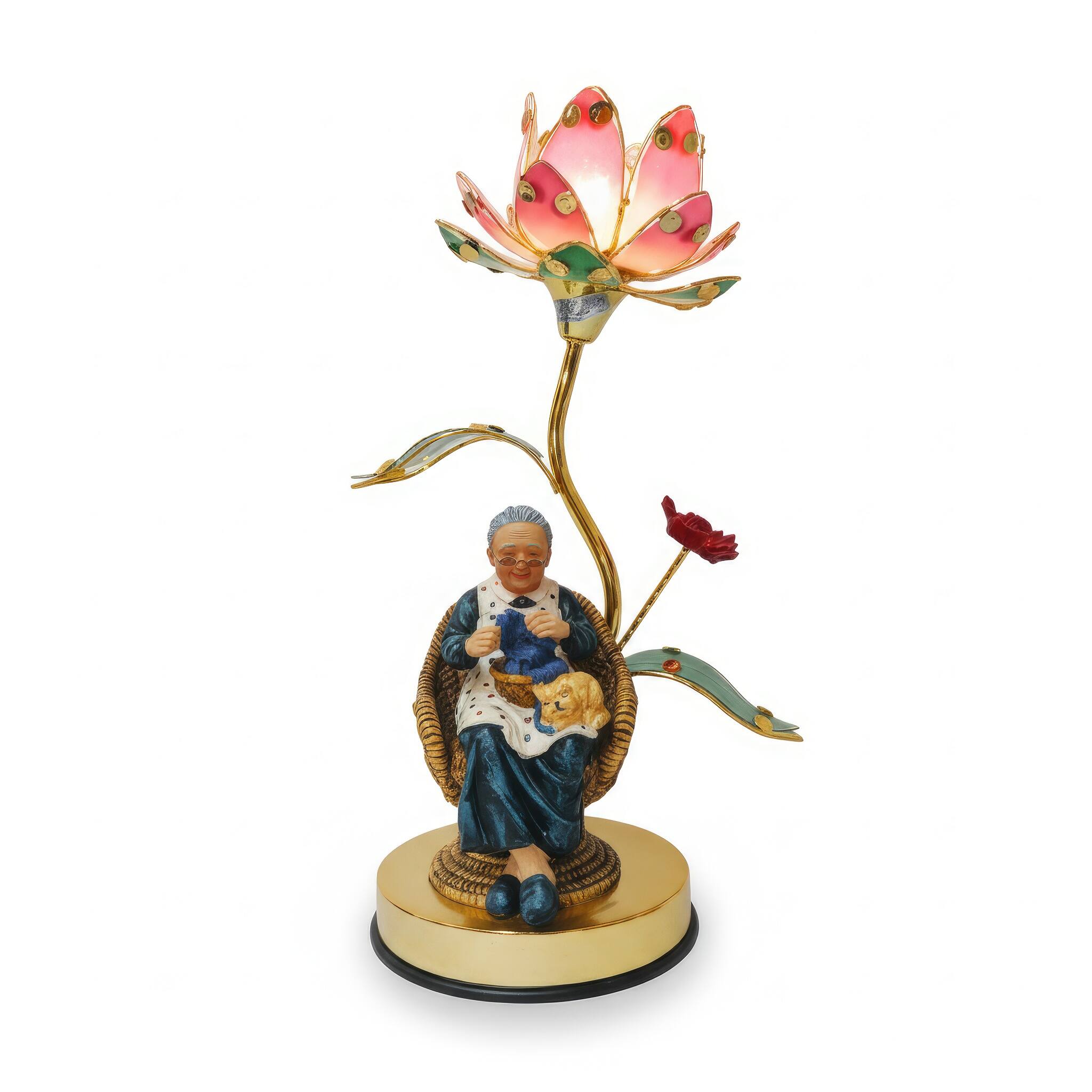 Angle. FC Design - 16"H Multicolor Grandma Knitting Figurine with Floral Accent Touch Lamp.