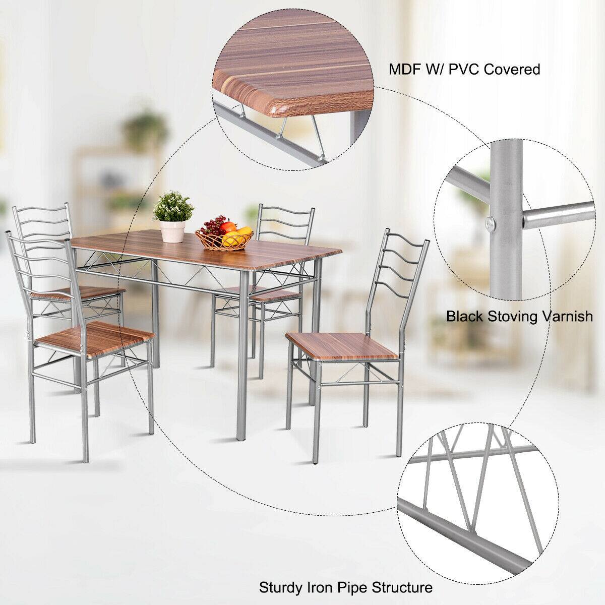 The image features a dining table with four chairs around it. The table is made of wood and has a metal frame. The chairs are made of metal and have a wooden seat. The table and chairs are arranged in a circular fashion. The table is covered with a protective layer of PVC. The chairs are sturdy and have a black stove top varnish. The overall structure of the table and chairs is made of iron pipes, providing a stable and durable design.