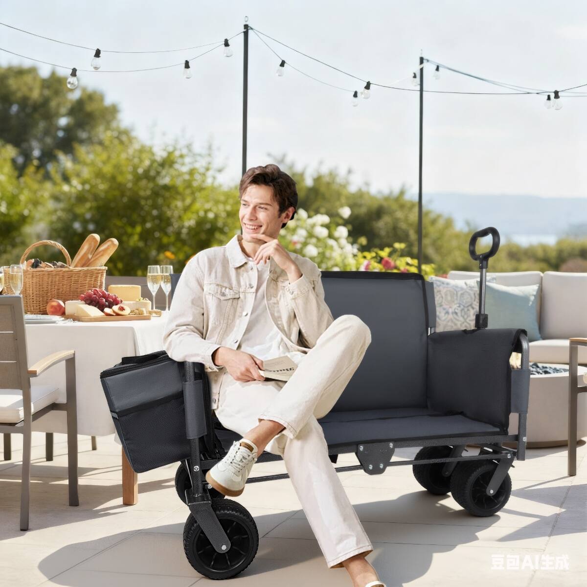 Alt View 4. Loheer - Loheer Folding Utility Wagon Cart with Bench Seat, 180L Cargo Space and All Terrain Wheels, Gray.