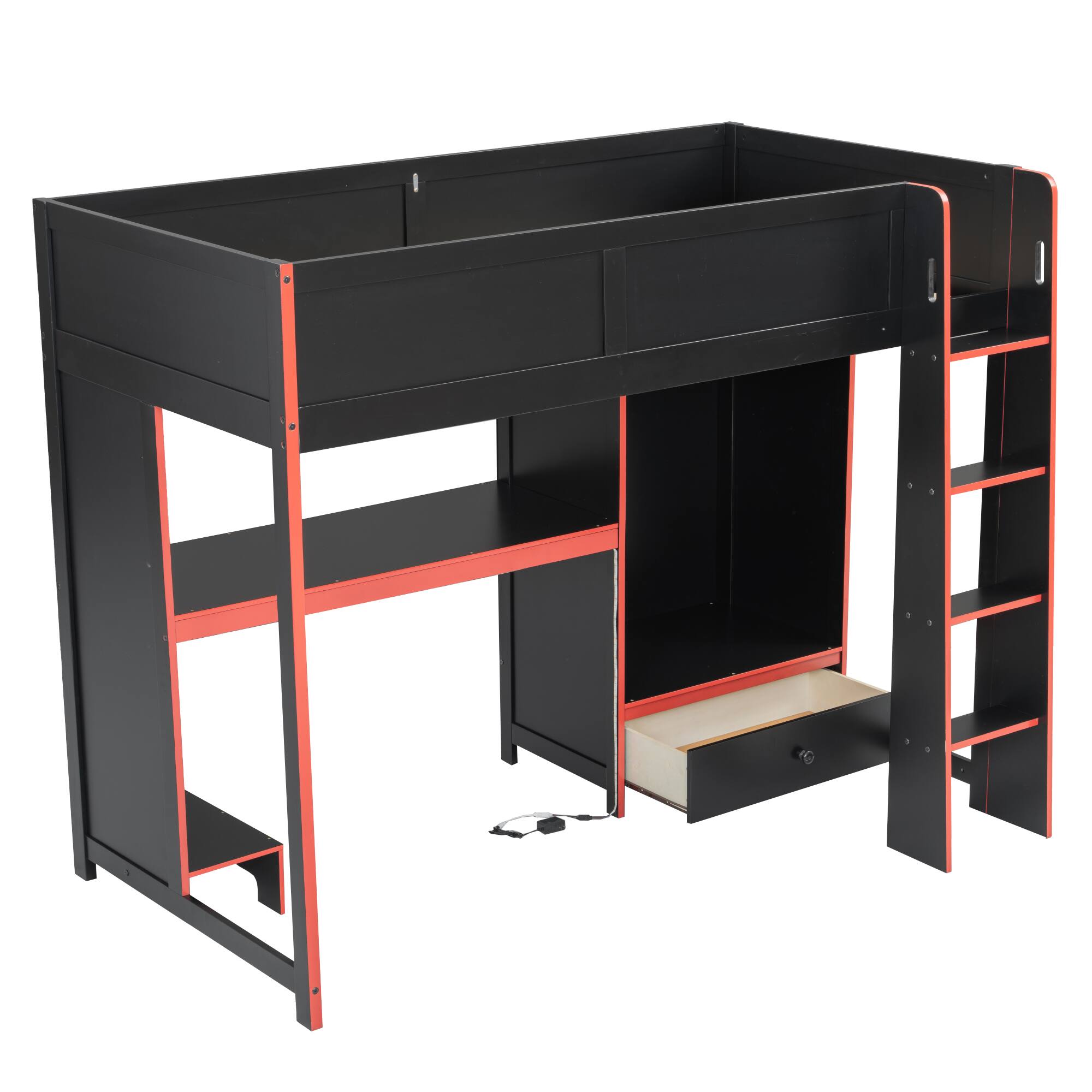 Back. Anysun - Twin Size Gaming Loft Bed with Built-in Desk, Wardrobe, Drawer & LED, Space-Saving Wood Bed for Kids Bedroom - Black.