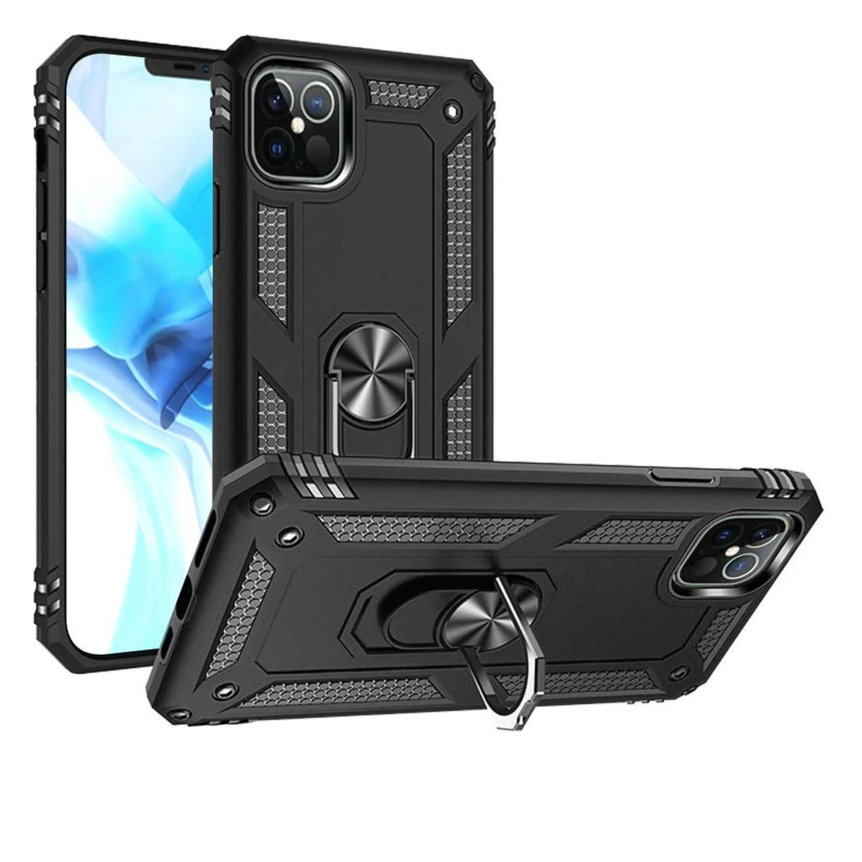 Front. Kitcheniva - Magnetic Ring Kickstand Protective Hybrid Phone Case With Tempered Glass For iPhone 13 14 Black - Black.