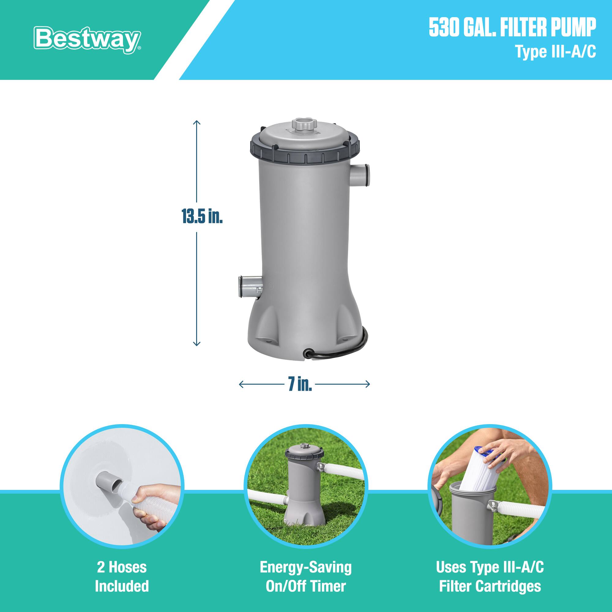 Bestway 530 GAL. FILTER PUMP Type III-A/C

- 13.5 in. Height
- 7 in. Diameter
- 2 Hoses Included
- Energy-Saving On/Off Timer
- Uses Type III-A/C Filter Cartridges