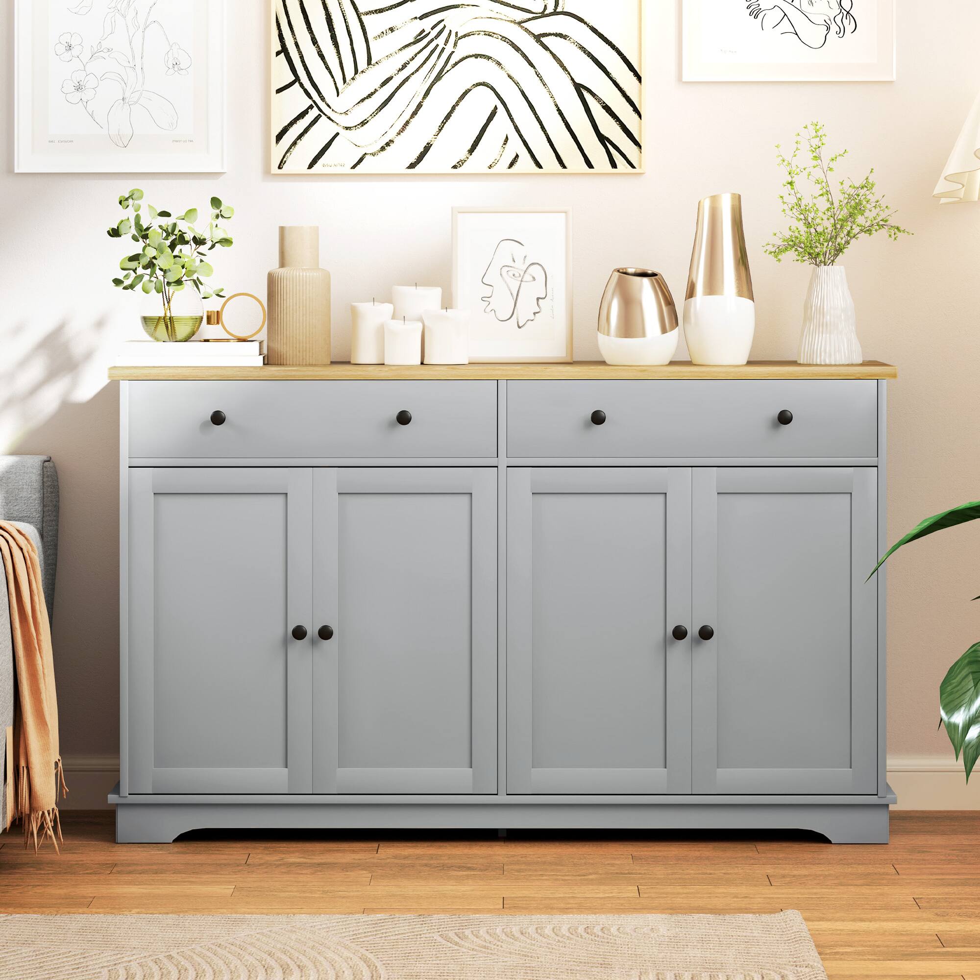 Alt View 1. Homcom - Sideboard Buffet Cabinet with Storage, 55" Modern Kitchen Cabinet with 2 Doors, 2 Drawers and Adjustable Shelves - Gray.
